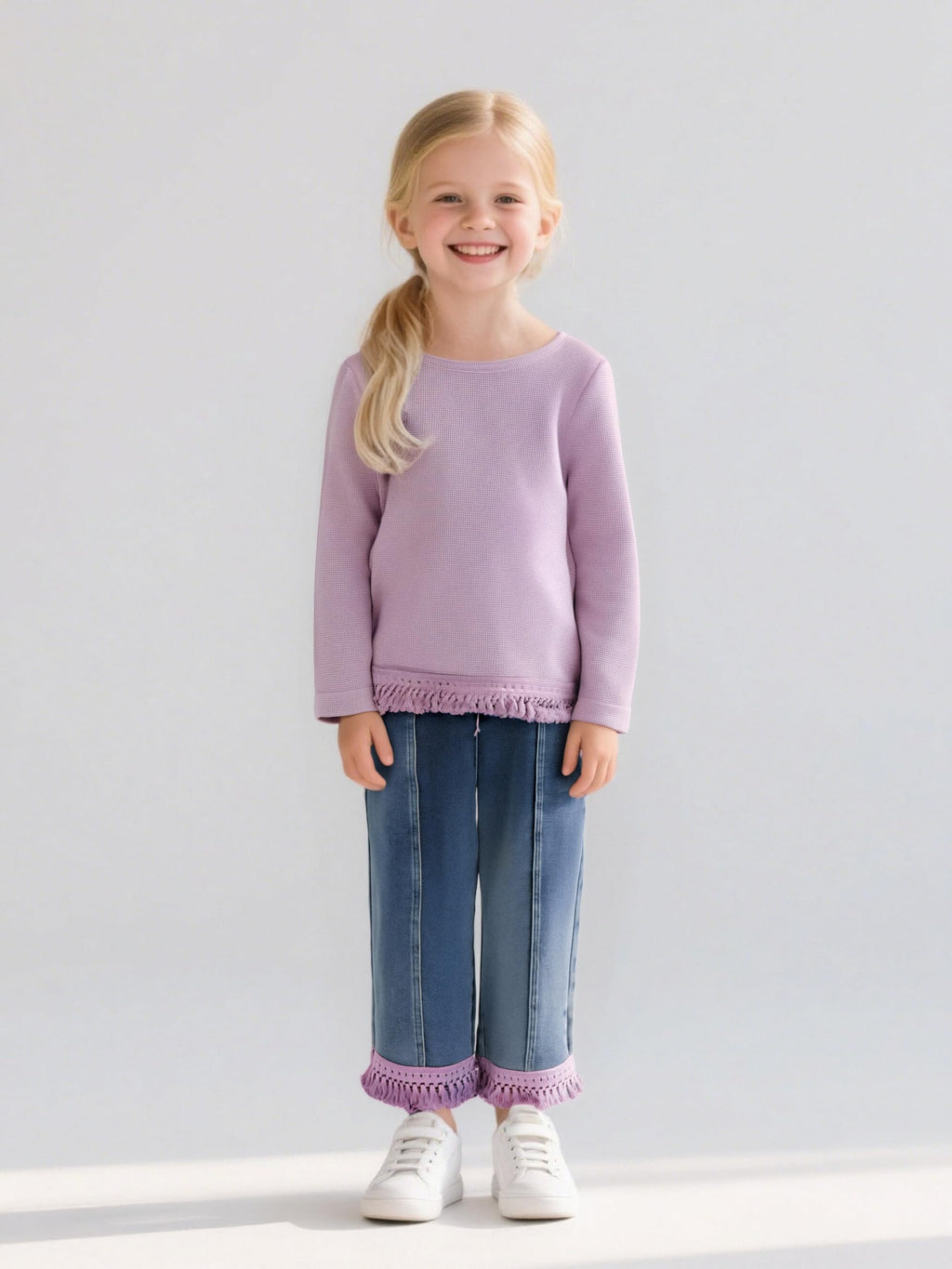 3-7 Years Toddler Girls Pants Set - Tassel Top & Washed Denim Pants Fall Winter Clothing Outfits Set for Girls