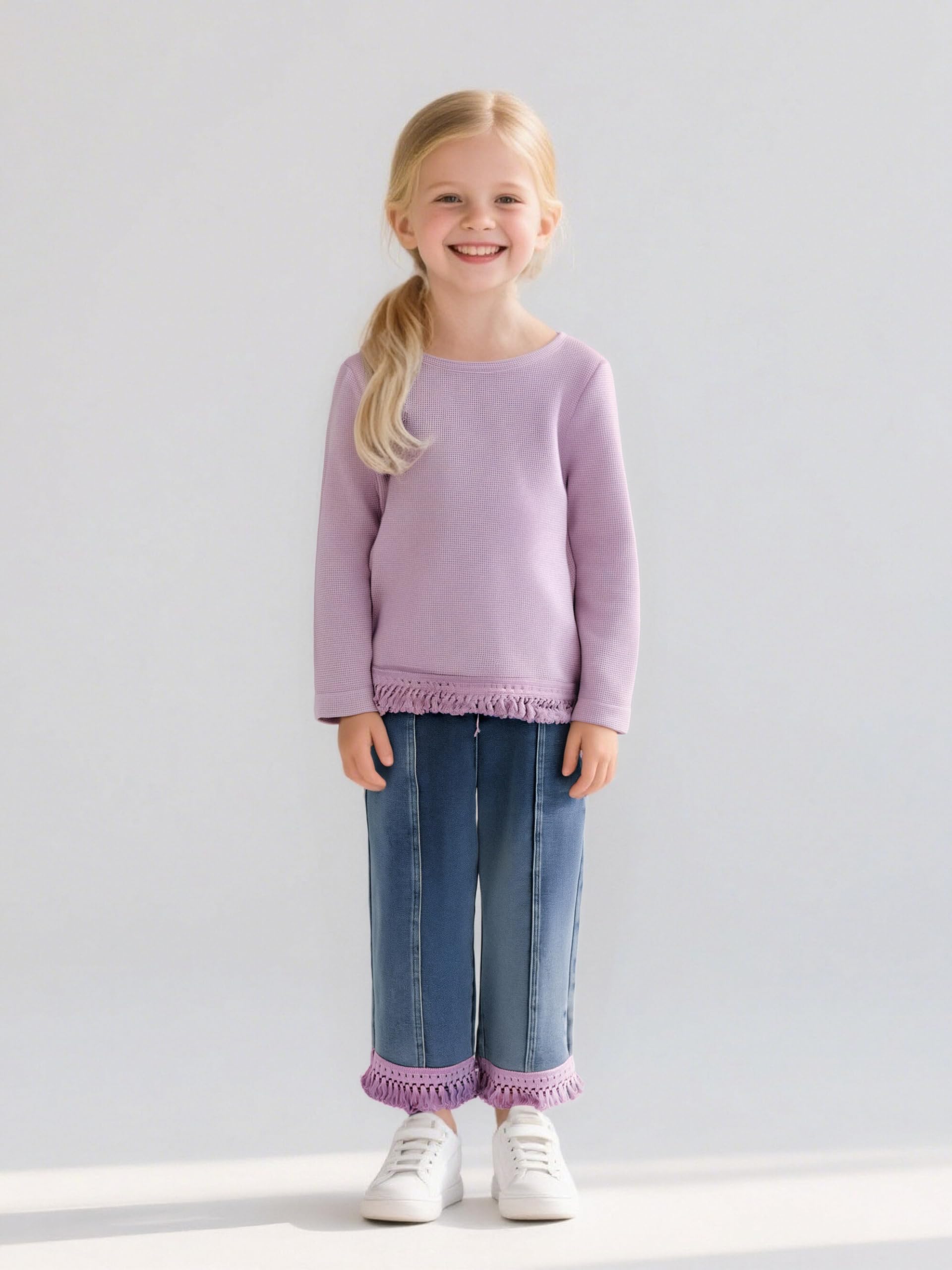 3-7 Years Toddler Girls Pants Set - Tassel Top & Washed Denim Pants Fall Winter Clothing Outfits Set for Girls