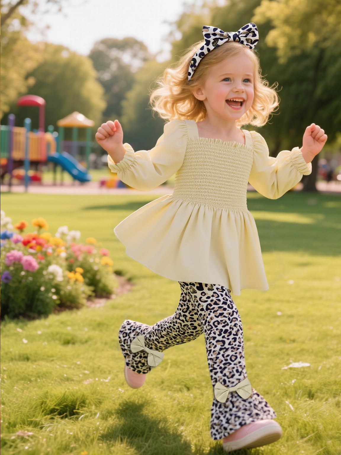 UNICOMIDEA Girls Clothes Set Shirt Top and Flare Pants with Bowknot 2-5T Kids 3 Piece Outfit For Girl