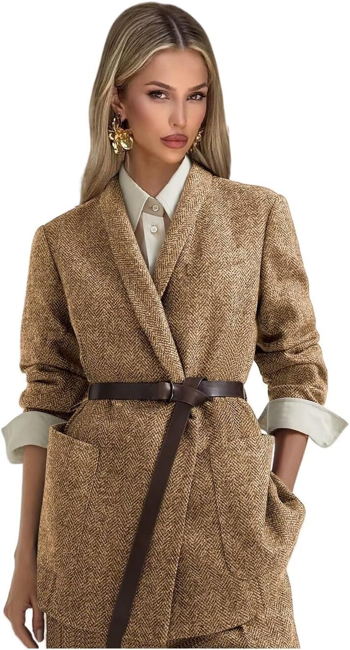 Tweed Suits for Women Dressy 2 Piece Herringbone Blazer and Pants with Belt Shawl Lapel Business Casual Outfits