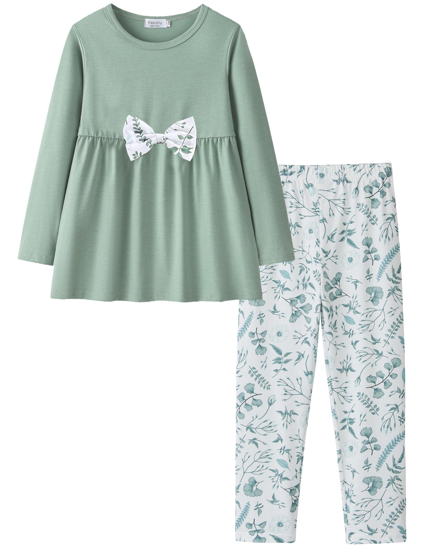 Yekaty Girls Clothing Set 2 Pcs Floral Soft Crewneck Long Sleeve Top+Leggings Loose Outfits With Bowknot