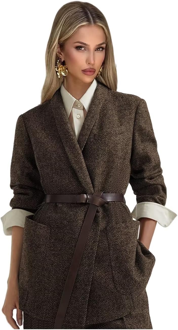 Tweed Suits for Women Dressy 2 Piece Herringbone Blazer and Pants with Belt Shawl Lapel Business Casual Outfits