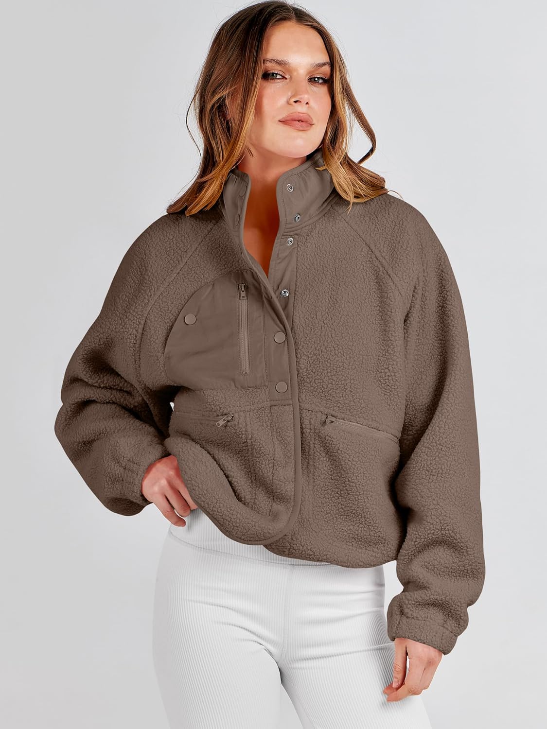 ANRABESS Womens Fuzzy Fleece Jacket Fall Casual Long Sleeve Cropped Sherpa Button Down Shacket Coats Outwear With Pockets