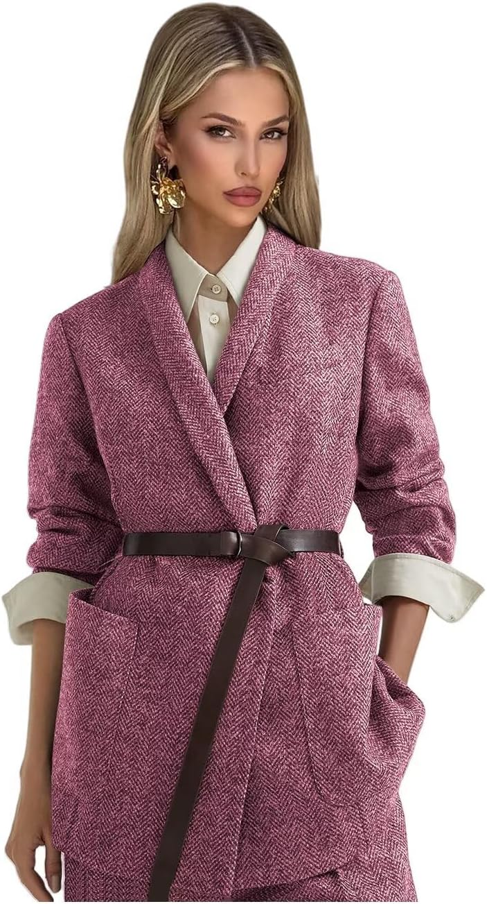 Tweed Suits for Women Dressy 2 Piece Herringbone Blazer and Pants with Belt Shawl Lapel Business Casual Outfits