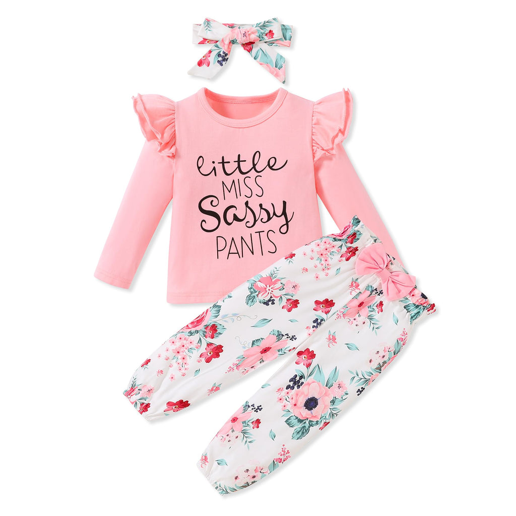 SANMIO Toddler Girl Clothes Outfits Cute Ruffle Sleeve Shirt Floral Pant+Headband 3Pcs Baby Girl Clothing Set 1-6T