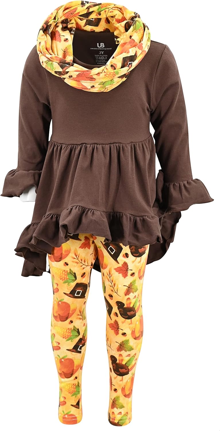Unique Baby Girls Kids Toddler 3pc Outfit Set Long Sleeve Cotton Blend Tunic Top Leggings and Scarf