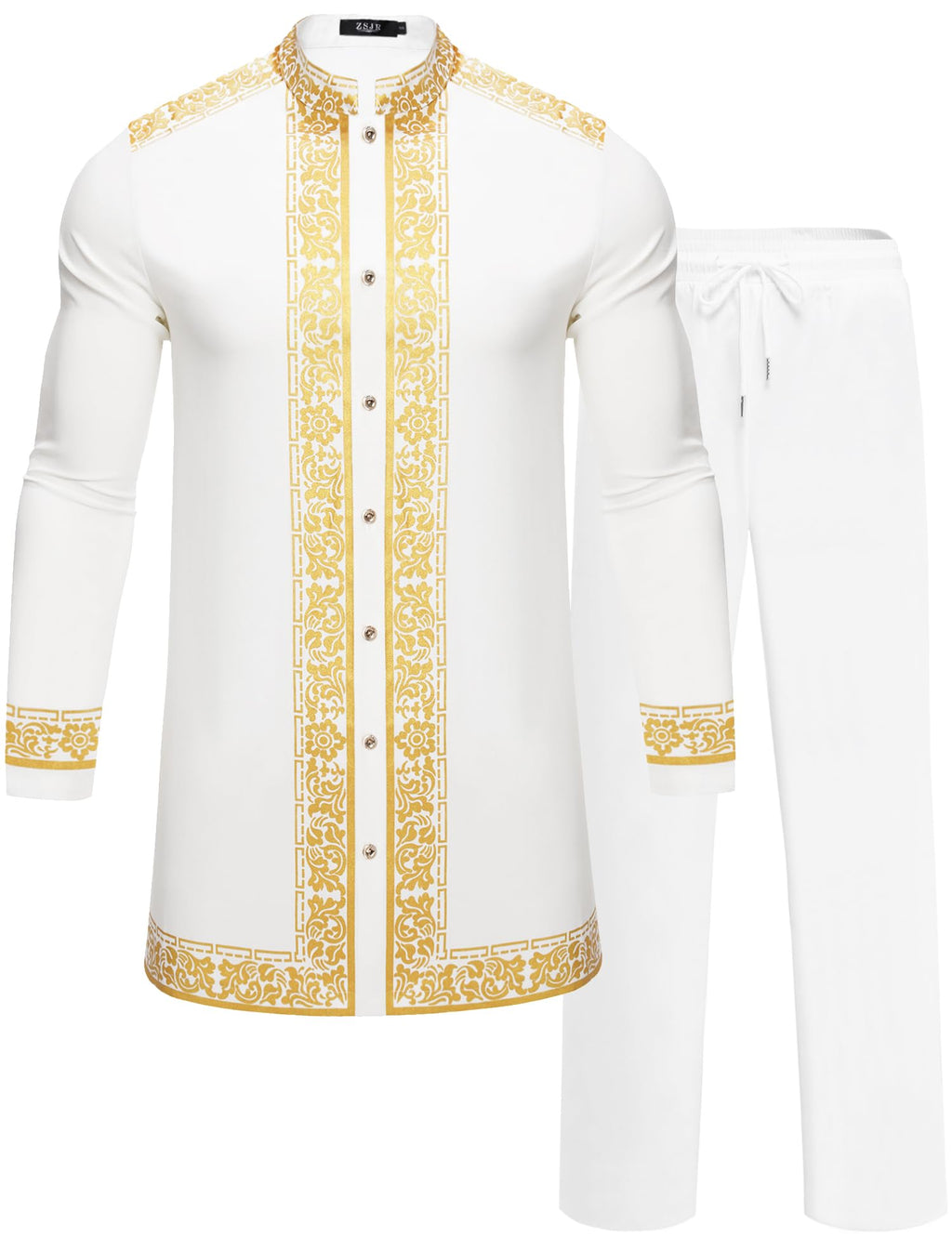 Mens African 2 Piece Set Nigerian Dashiki Metallic Traditional Suit Gold Stamp Printed Shirt and Pants Outfit