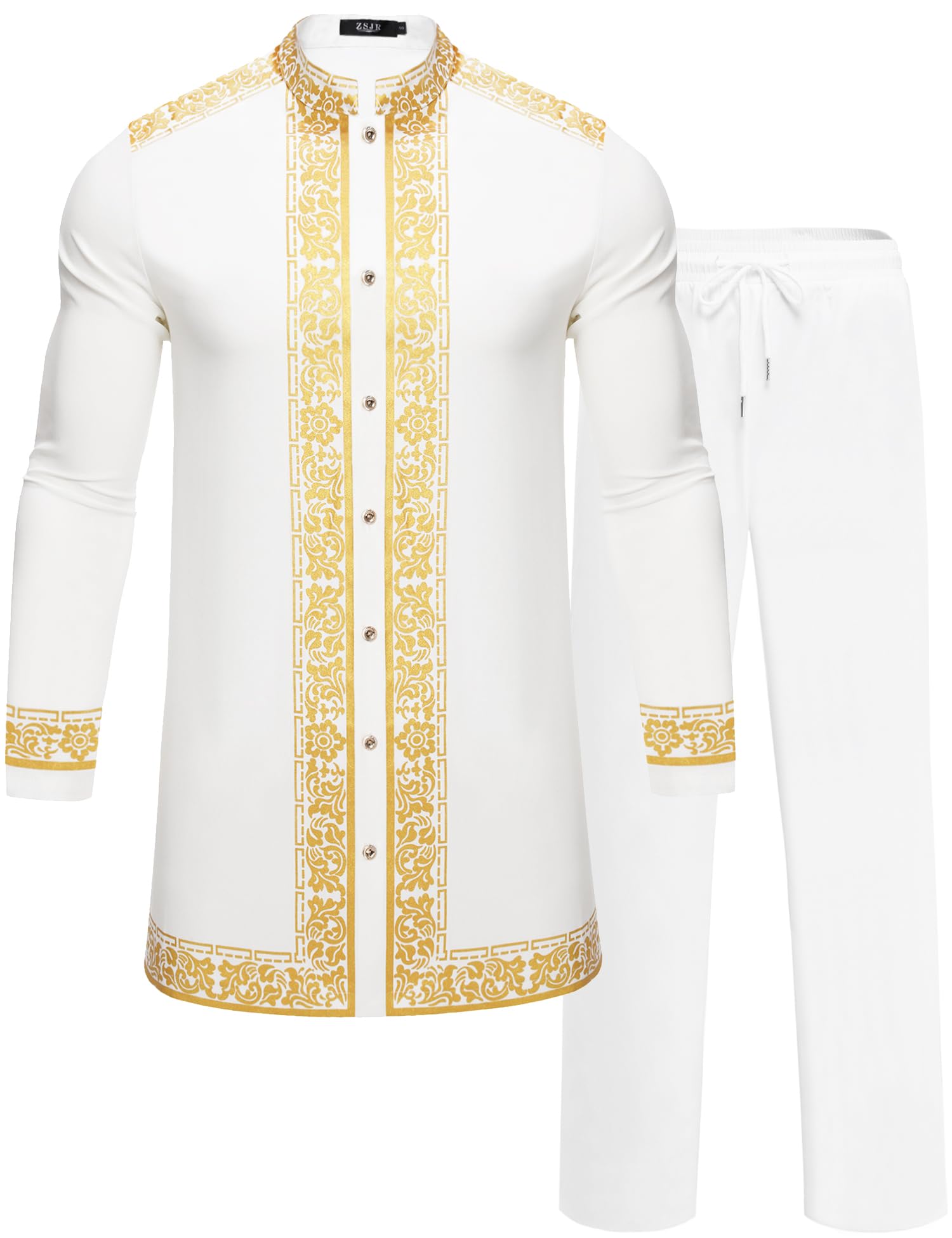 Mens African 2 Piece Set Nigerian Dashiki Metallic Traditional Suit Gold Stamp Printed Shirt and Pants Outfit