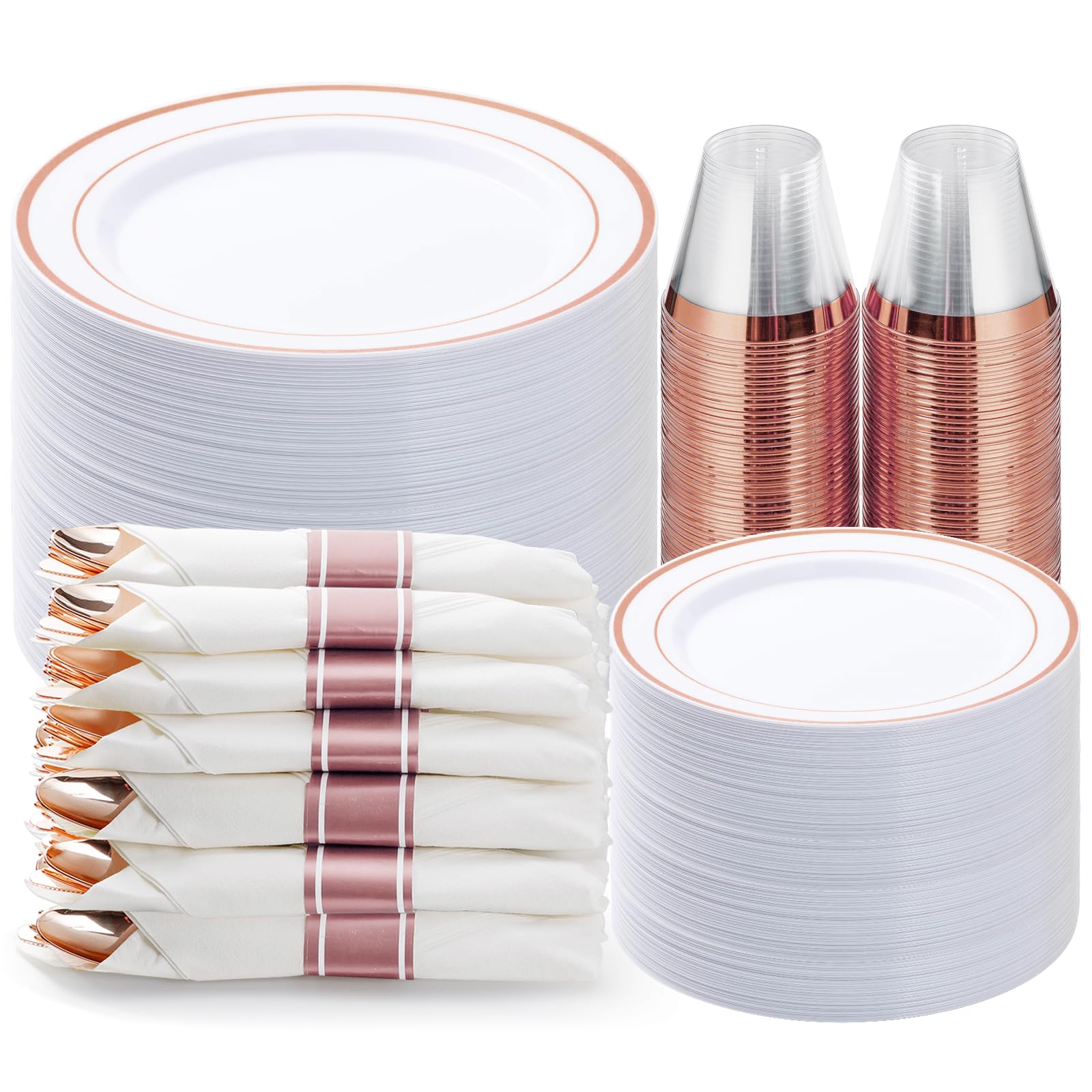 350PCS Gold Plastic Dinnerware Set, Disposable Party Plates for 50 Guests, Include: 100 Plastic Plates, 50 Pre Rolled Napkins with Gold Silverware, 50 Cups