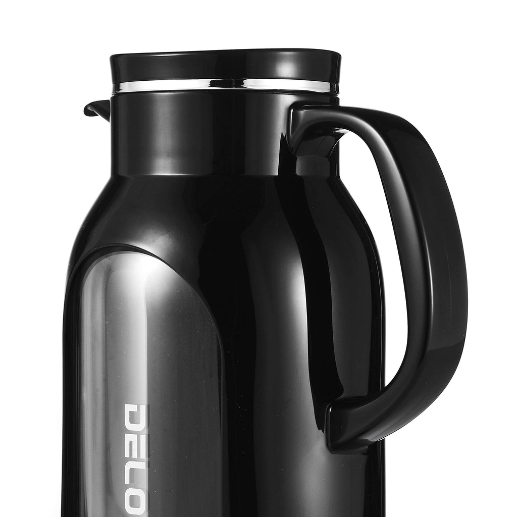 Delove 68 oz/2 Liter Glass Pitcher with Shatterproof Shell - Heat Resistant Glass Liner - Stainless Steel Lid - Carafe & Jug for Iced Tea,Hot/Cold Water,Homemade Juice Beverages (Black)