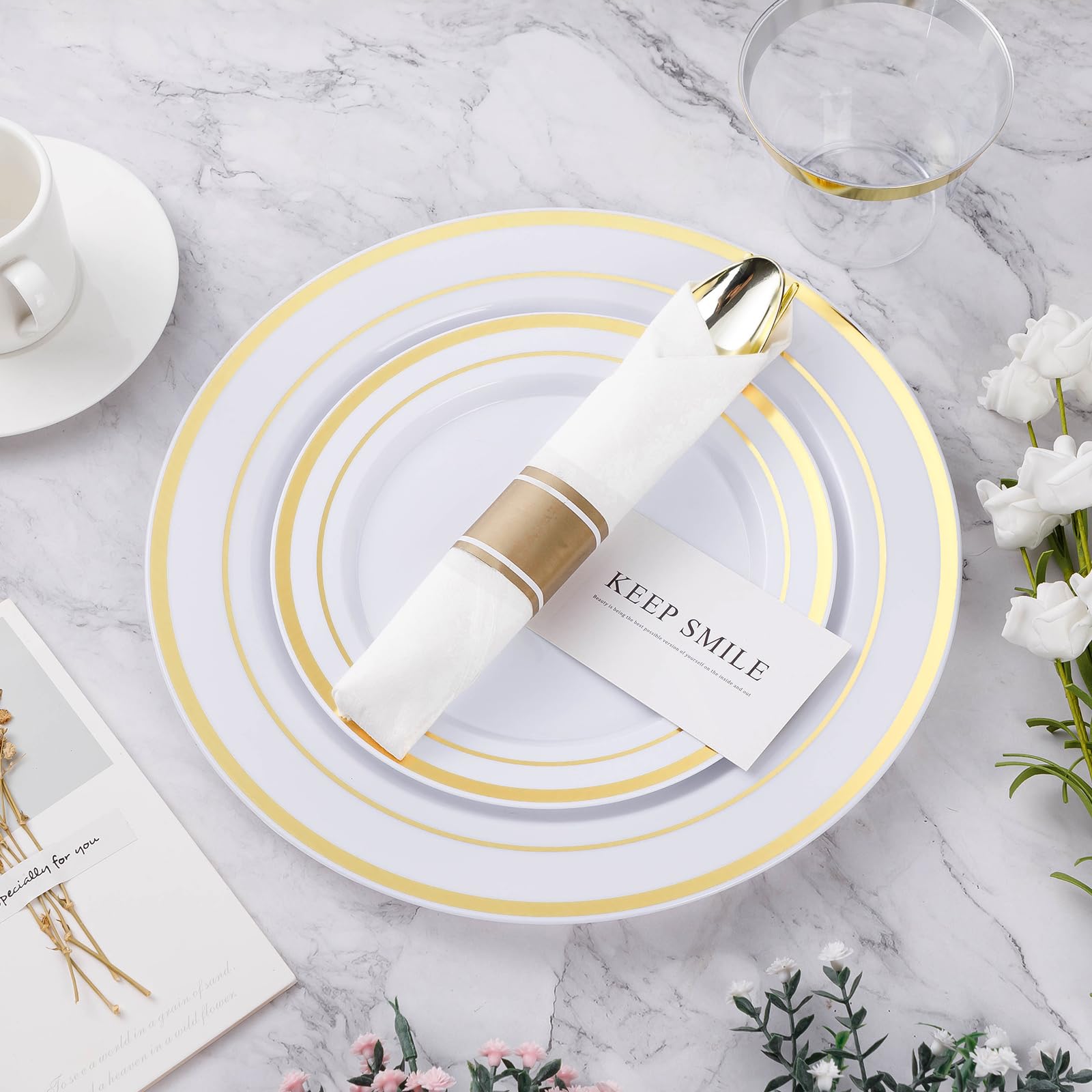 350PCS Gold Plastic Dinnerware Set, Disposable Party Plates for 50 Guests, Include: 100 Plastic Plates, 50 Pre Rolled Napkins with Gold Silverware, 50 Cups