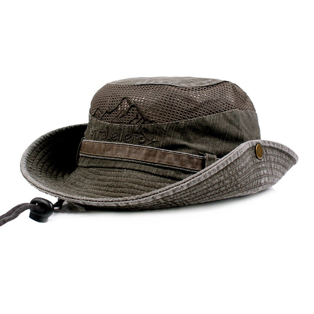 Sun Hat for Men, Cotton Embroidery Summer Outdoor Sun Protection Wide Brim Bucket Hat Foldable Safari Boonie Hat