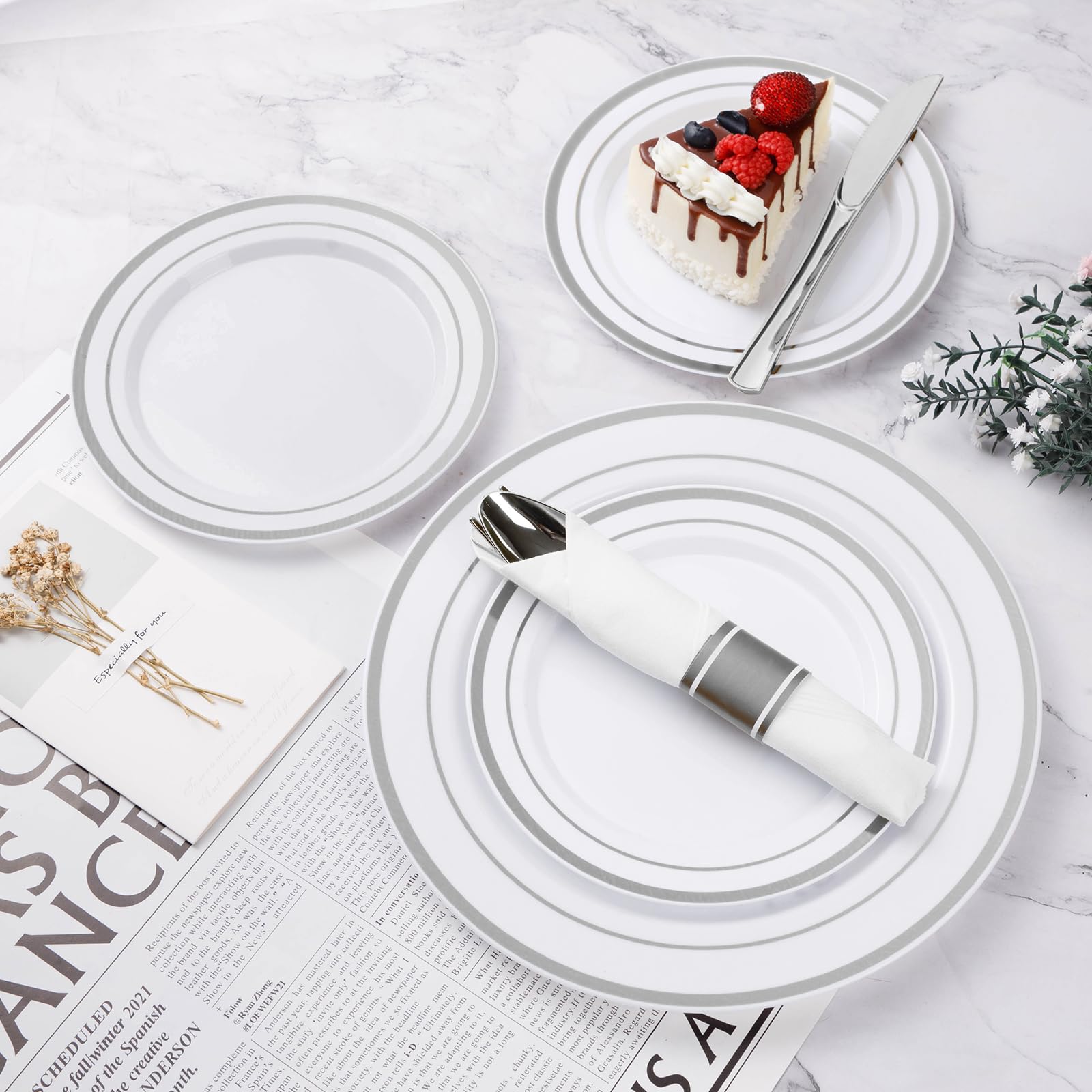 350PCS Gold Plastic Dinnerware Set, Disposable Party Plates for 50 Guests, Include: 100 Plastic Plates, 50 Pre Rolled Napkins with Gold Silverware, 50 Cups