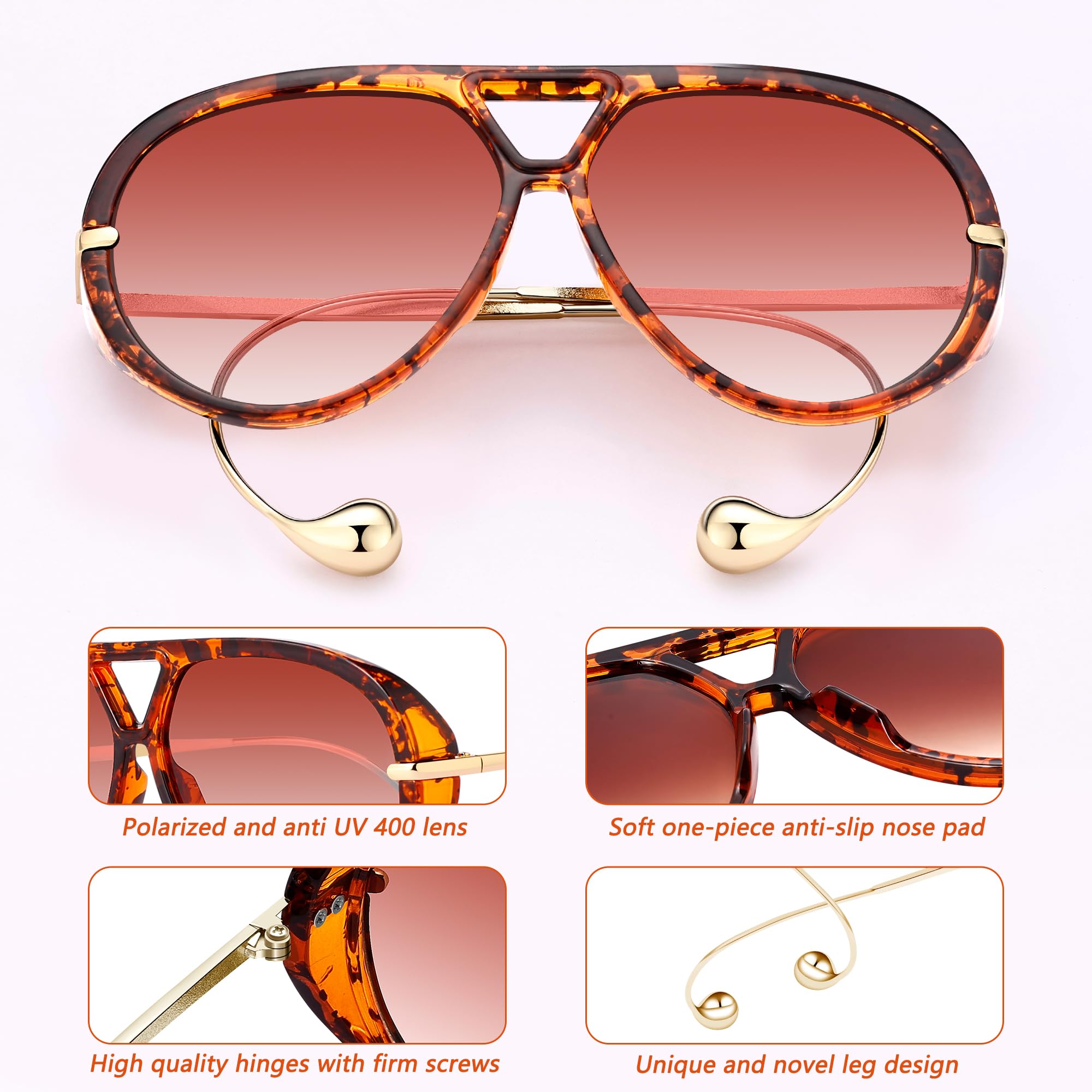 KesaPlan Vintage Oversized Aviator Sunglasses Women with Earring, 70s Retro Shield Big Frame 2025 Luxury Trendy Sun Glasses
