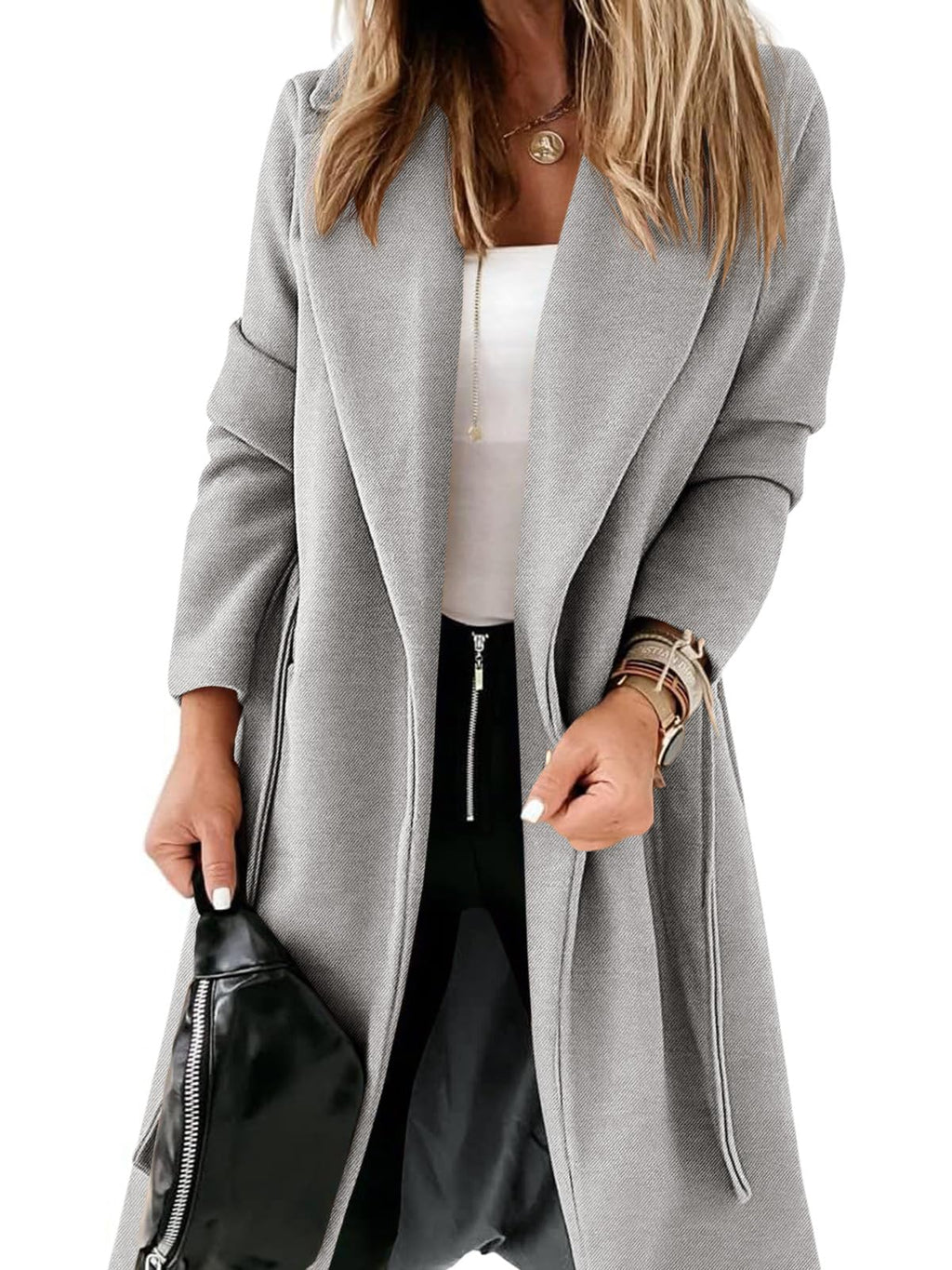 Womens Classic Coat Lapel Collar Open Front Belted Long Jacket