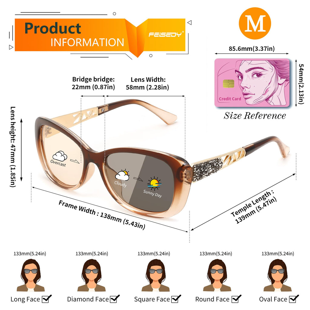 FEISEDY Polarized Women Sunglasses Retro Shades Photochromic Lens Sparkling Crystal Sunglasses UV400 Protection B0144