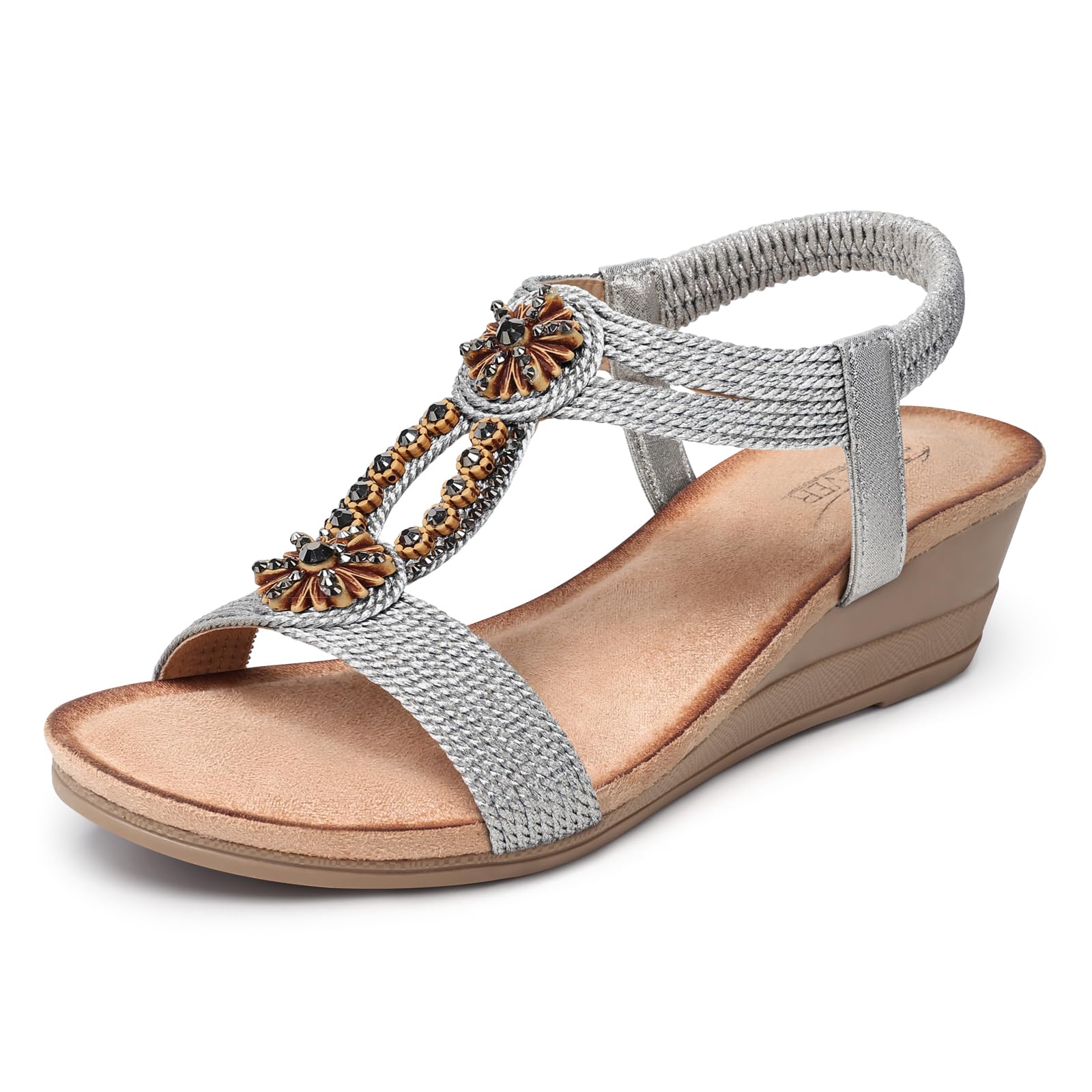 SHIBEVER Womens Wedge Sandals Flower Low Heel Dressy Sandals Elastic Ankle Strap Rhinestone Summer Comfortable Shoe