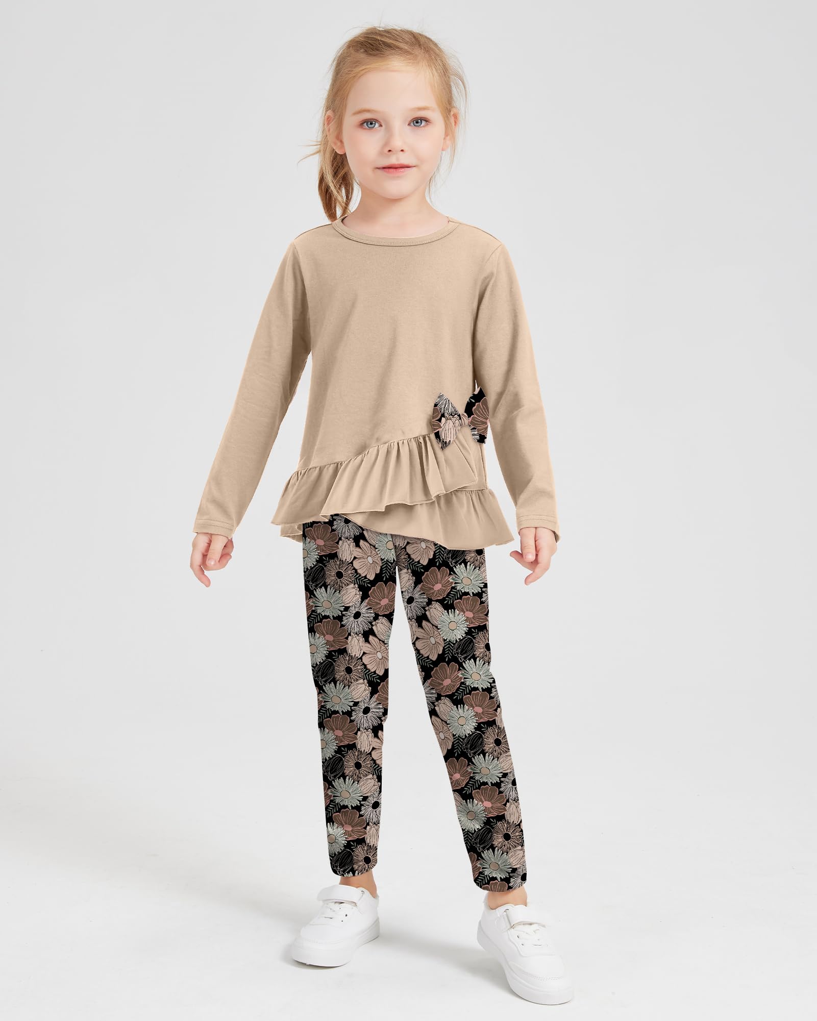 Toddler Girl Clothes 18M-8T Girls Fall Winter Outfit, Long Sleeve Ruffle Bowknot Top + Floral Pants 2Pcs Clothing Set