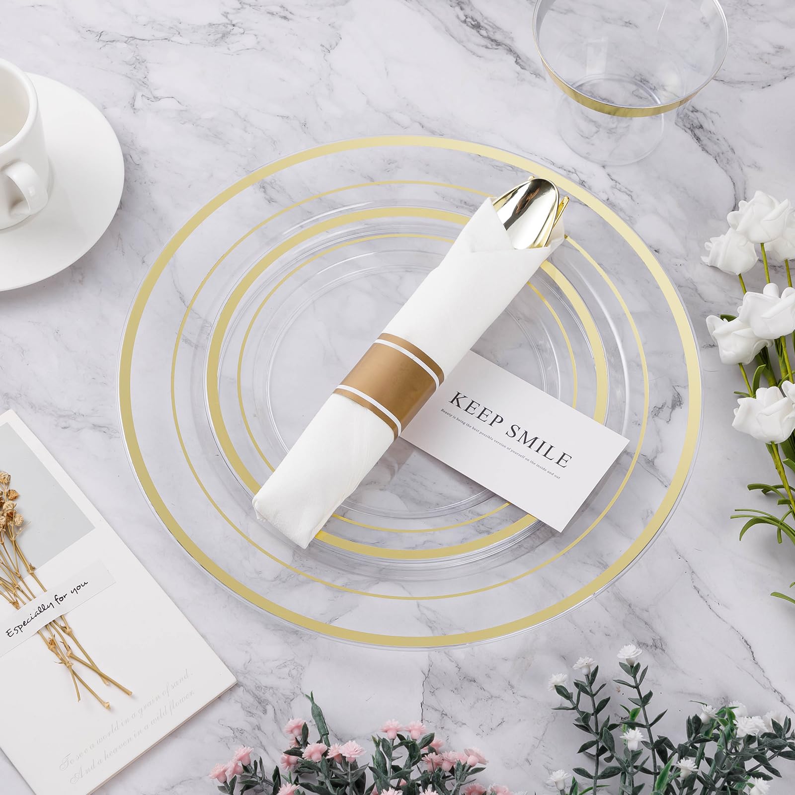 350PCS Gold Plastic Dinnerware Set, Disposable Party Plates for 50 Guests, Include: 100 Plastic Plates, 50 Pre Rolled Napkins with Gold Silverware, 50 Cups