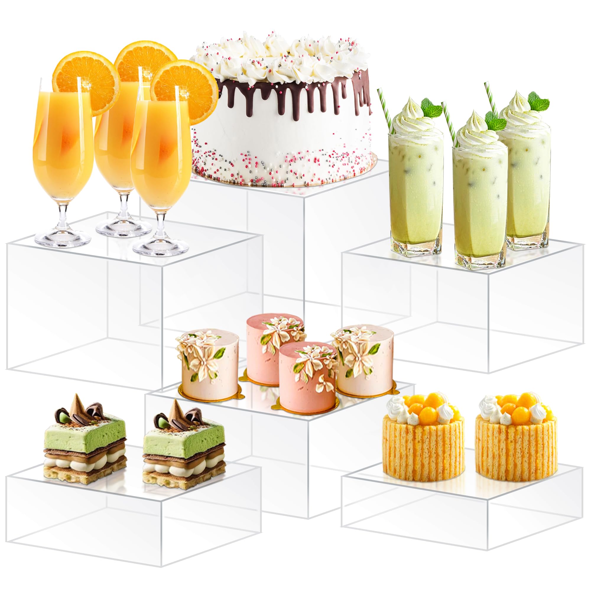 6Pcs Buffet Risers, Food Risers for Buffet Table, Acrylic Cube Display Risers with Hollow Bottom, Food Display Stand for Party Jewelry Dessert Figures (Size 5.5",6",6.5",7",7.5",8")