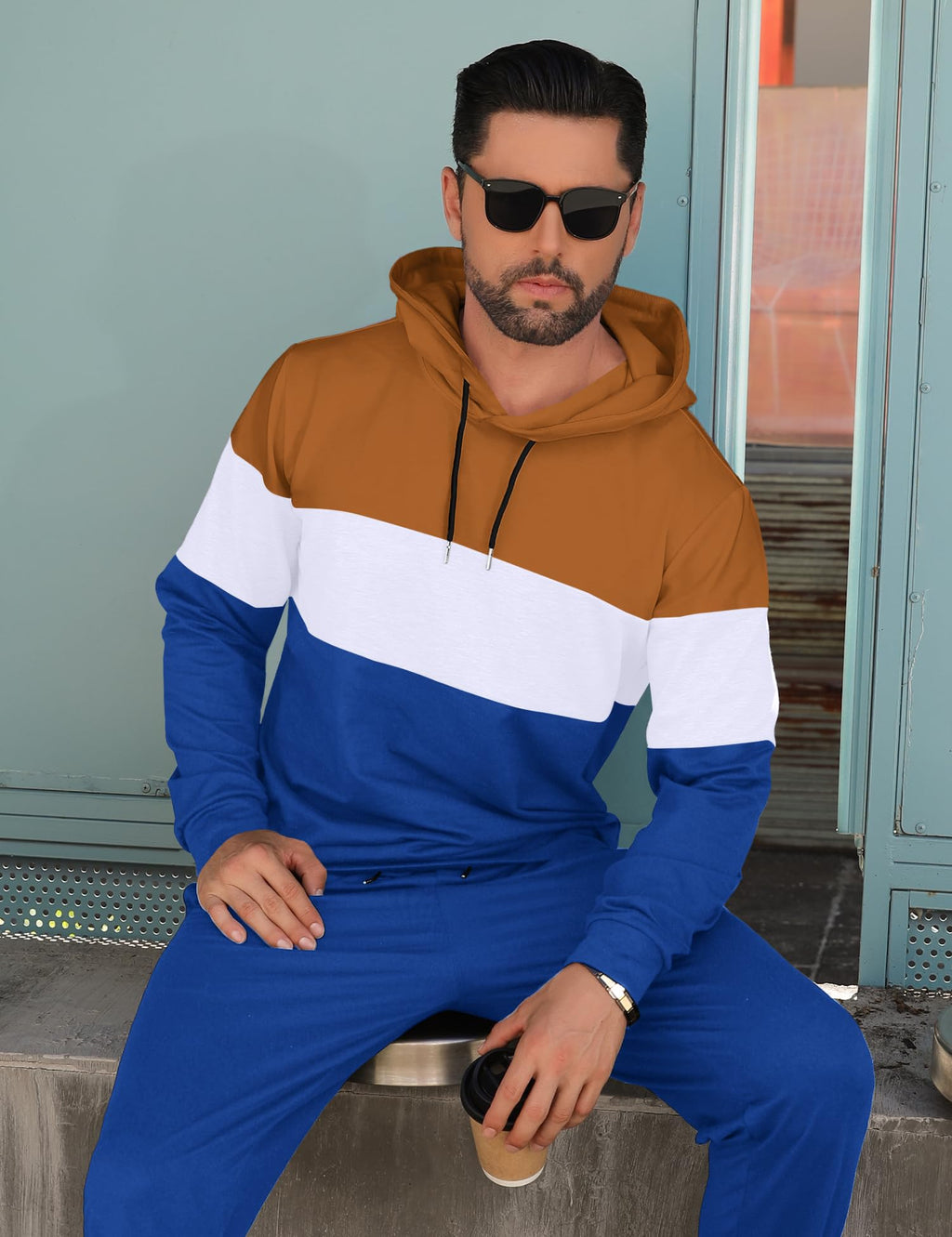 Babioboa Men's Tracksuit 2 Piece Color Block Hoodie Set Pullover Sweatshirt and Jogging Sweatpants Athletic Sweatsuits Set