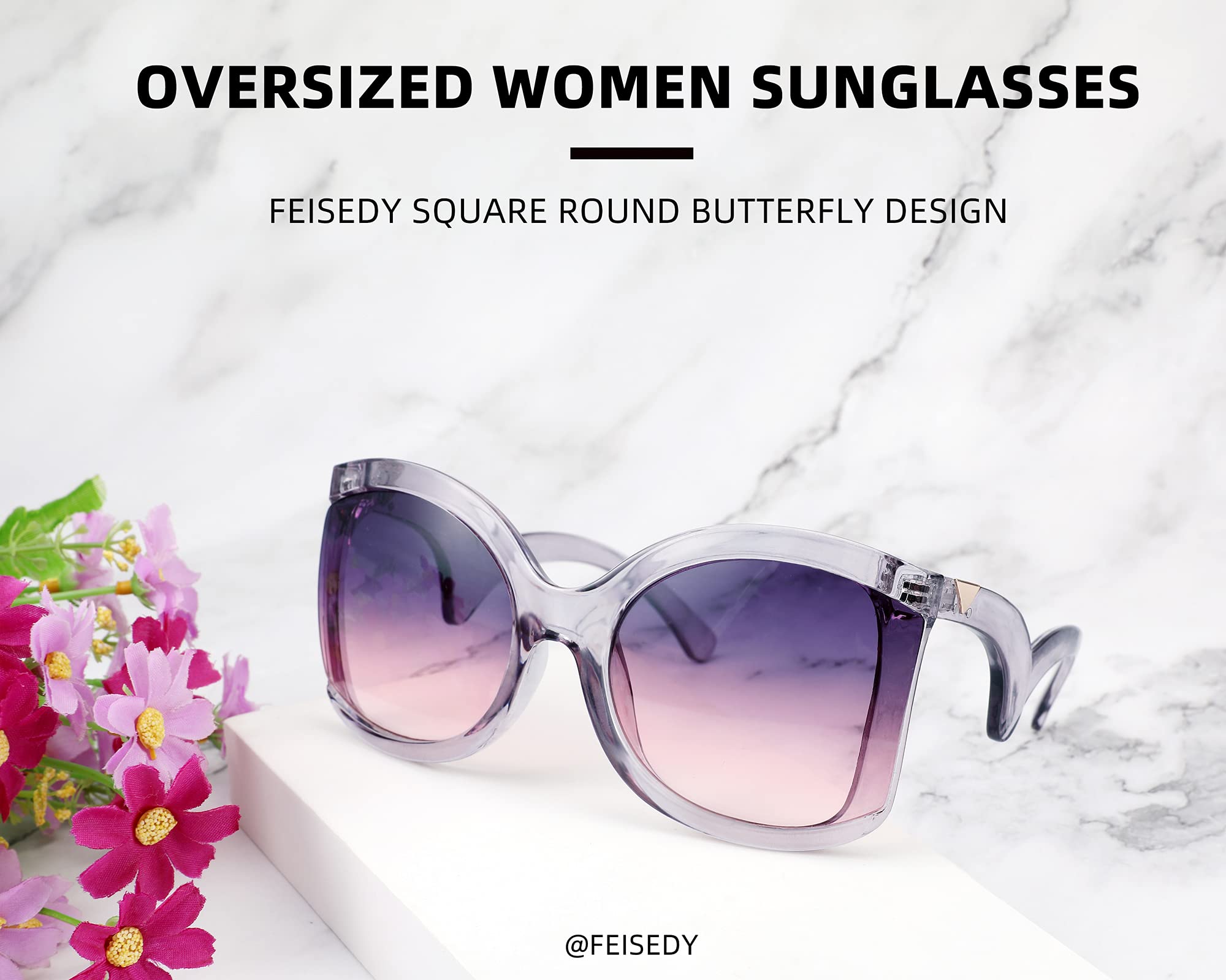 FEISEDY Oversized Square Butterfly Sunglasses Curved Curly Arm Frame Women's Fashion Shades B4035