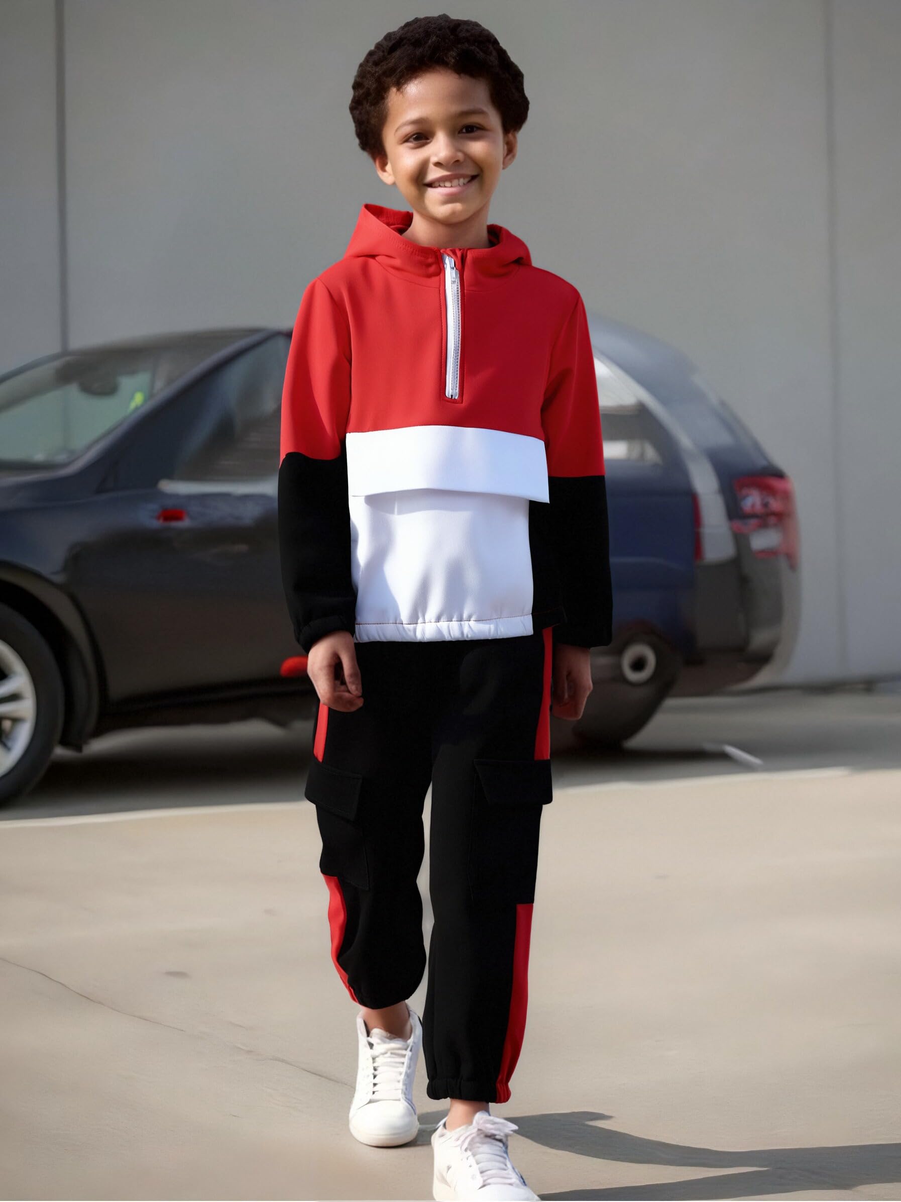 Boys Clothes Kids Little Boy Color Block Half Zip Hoodie & Jogger Pants Outfit Set,4-12 Years