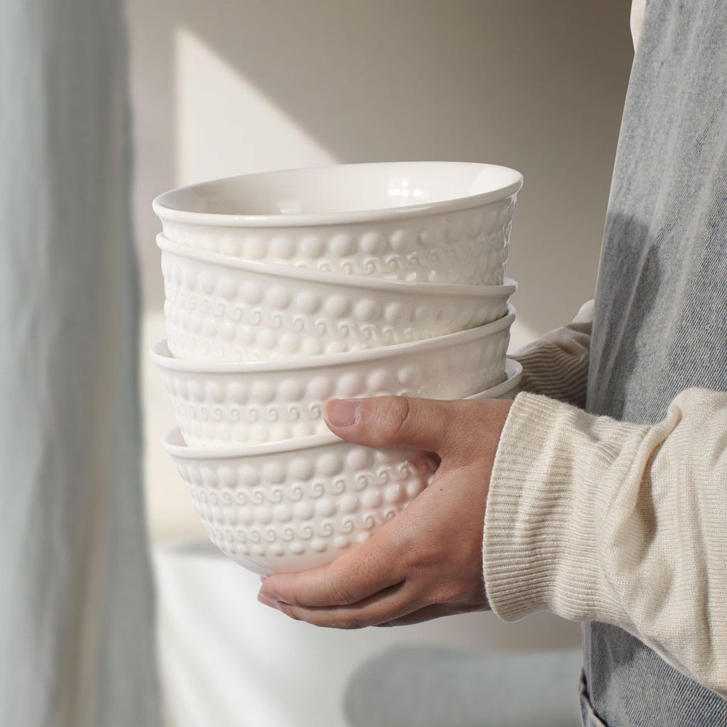 Large Salad Bowls Set of 4, 60oz White Serving Bowls Deep Deep Embossed Ceramic Mixing Bowl for Soup Kitchen, Eating, Ramen, Pasta, Dishwasher & Microwave Safe 8 inch (Multiple Patterns)