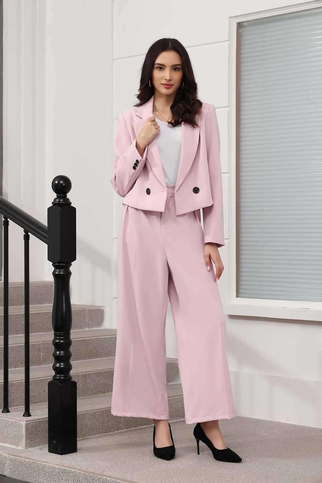 Lamgool Women's Suit 2 Piece Casual Outfits Cropped Blazer High Waisted Wide Leg Pants for Work