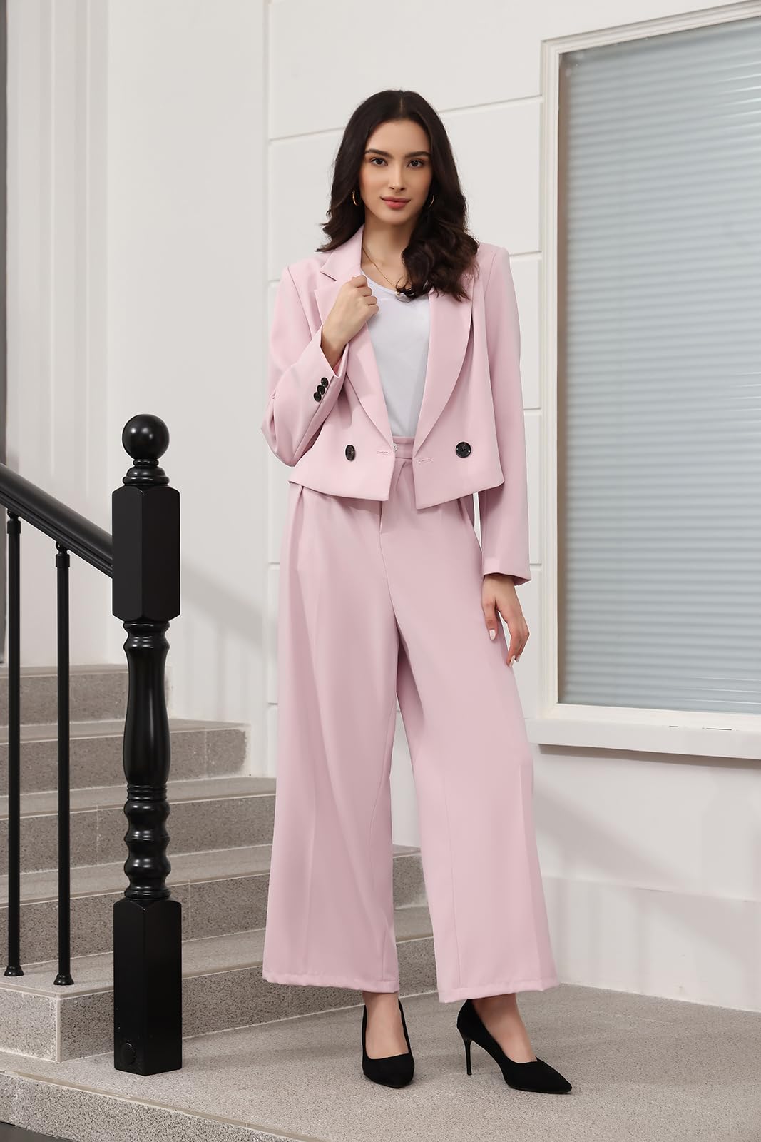 Lamgool Women's Suit 2 Piece Casual Outfits Cropped Blazer High Waisted Wide Leg Pants for Work