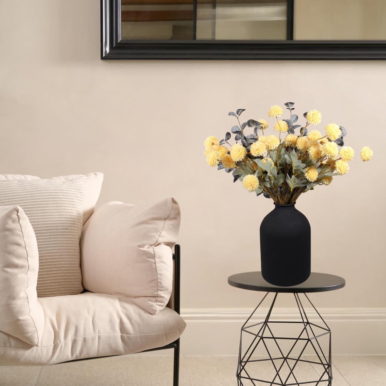 Fall Flowers, Burnt Orange Faux Kiku Flowers Artificial 10 Stems + Eucalyptus, Fake Silk Mums Fall Floral Centerpiece, Autumn Decor, Terracotta Mini Balls Faux Stems For Vase, Decoración de Otoño