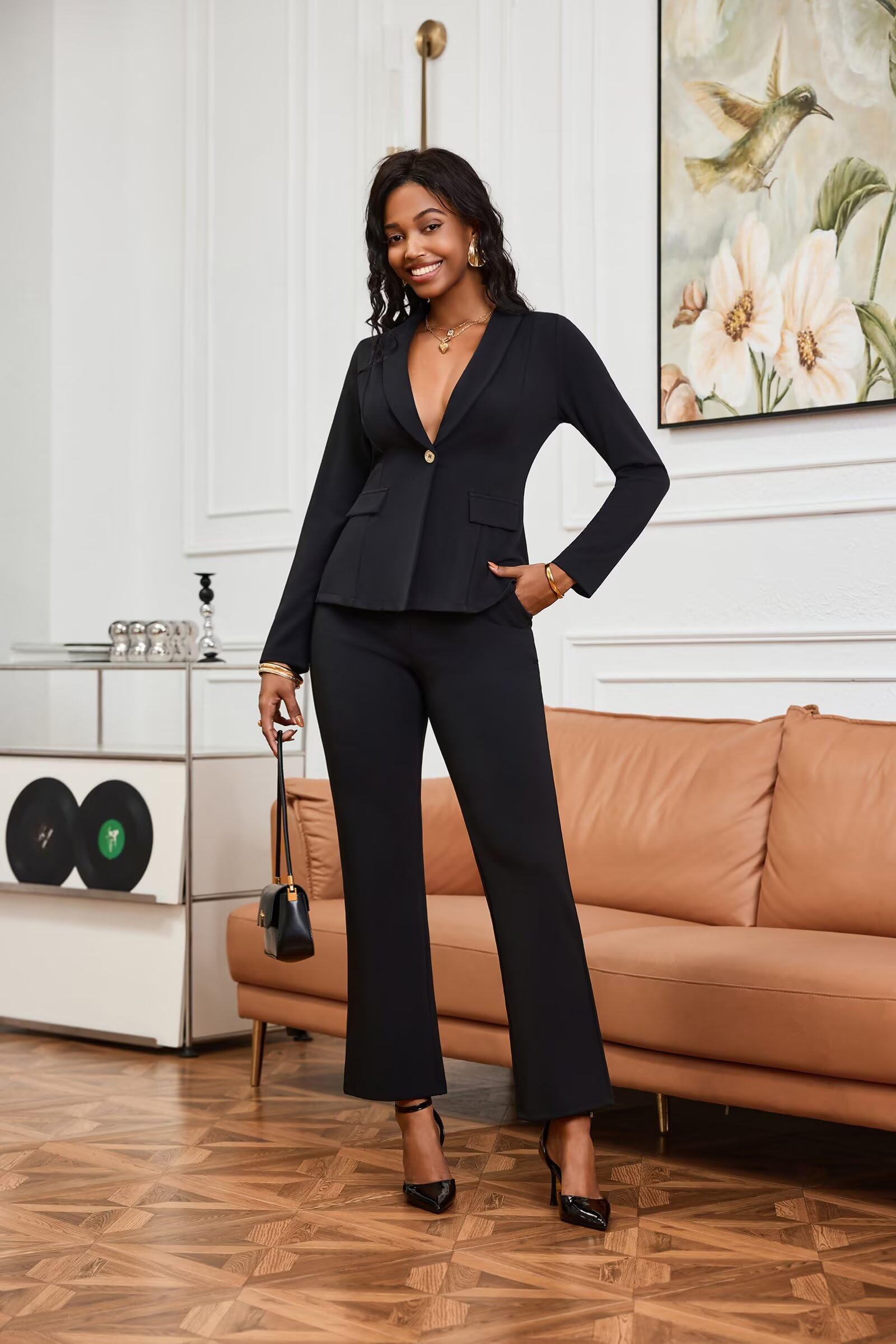 Ophestin Business 2 Piece Pant Suits for Women Dressy Blazer Straight Leg Pantsuit Set Formal Casual Office Work Outfits