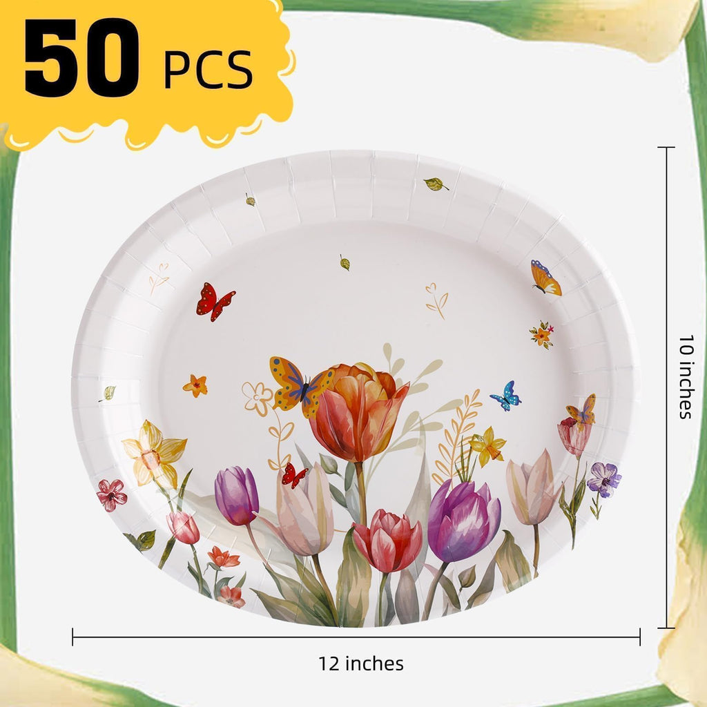 50 Pack Oval Thanksgiving Plates 12 x 10 Inch Thanksgiving Paper Plates Heavy Duty - Large Disposable Dinner Platters,Turkey Pumpkin Autumn Fall Harvest Thanksgiving Party Decor