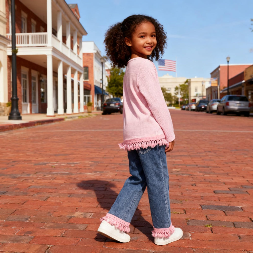 3-7 Years Toddler Girls Pants Set - Tassel Top & Washed Denim Pants Fall Winter Clothing Outfits Set for Girls