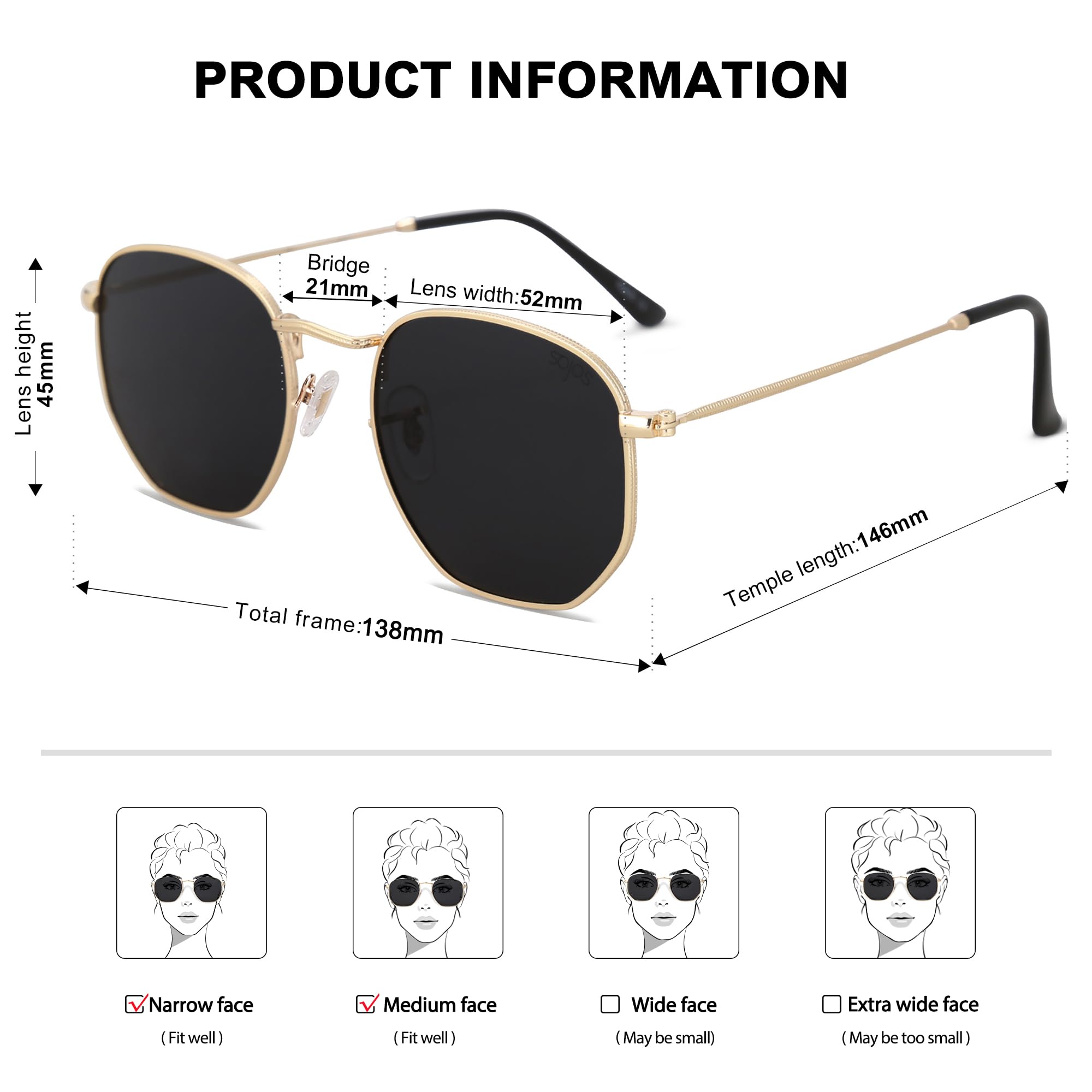 SOJOS Square Polarized Sunglasses for Women Men Small Hexagonal Polygon Shades SJ1072