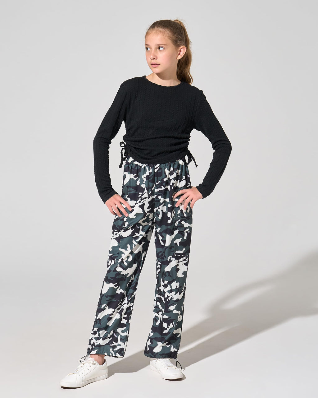 Girls Clothes Tween Girl Clothing Long Sleeve Ruched Drawstring Ribbed Knit Top Camo Cargo Pants Fall Winter Outfits