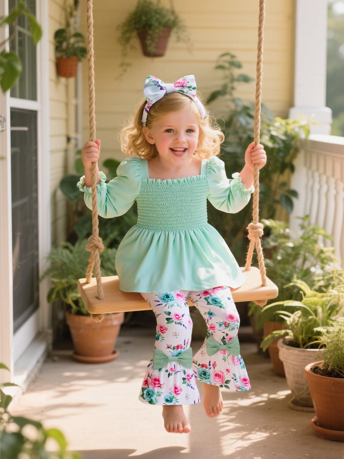 UNICOMIDEA Girls Clothes Set Shirt Top and Flare Pants with Bowknot 2-5T Kids 3 Piece Outfit For Girl