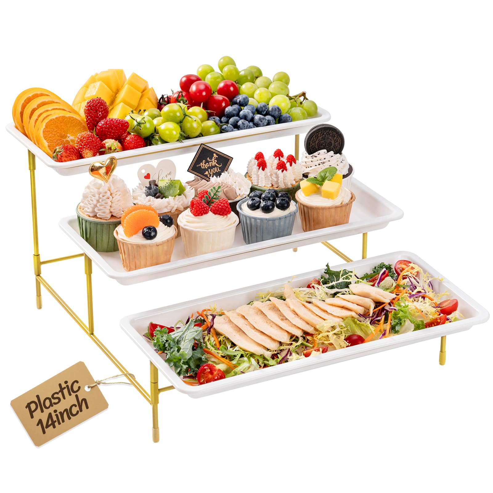 Lifewit 3 Tier Serving Tray for Party, 12" x 6.5" Plastic Tiered Food Serving Platters, White Rotatable Tiered Tray Stand with Gold Collapsible Metal Stand, Dessert Table Display Set for Buffet