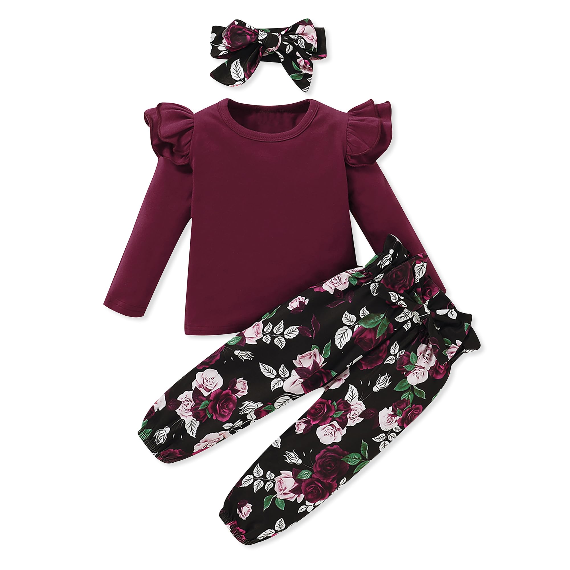 SANMIO Toddler Girl Clothes Outfits Cute Ruffle Sleeve Shirt Floral Pant+Headband 3Pcs Baby Girl Clothing Set 1-6T
