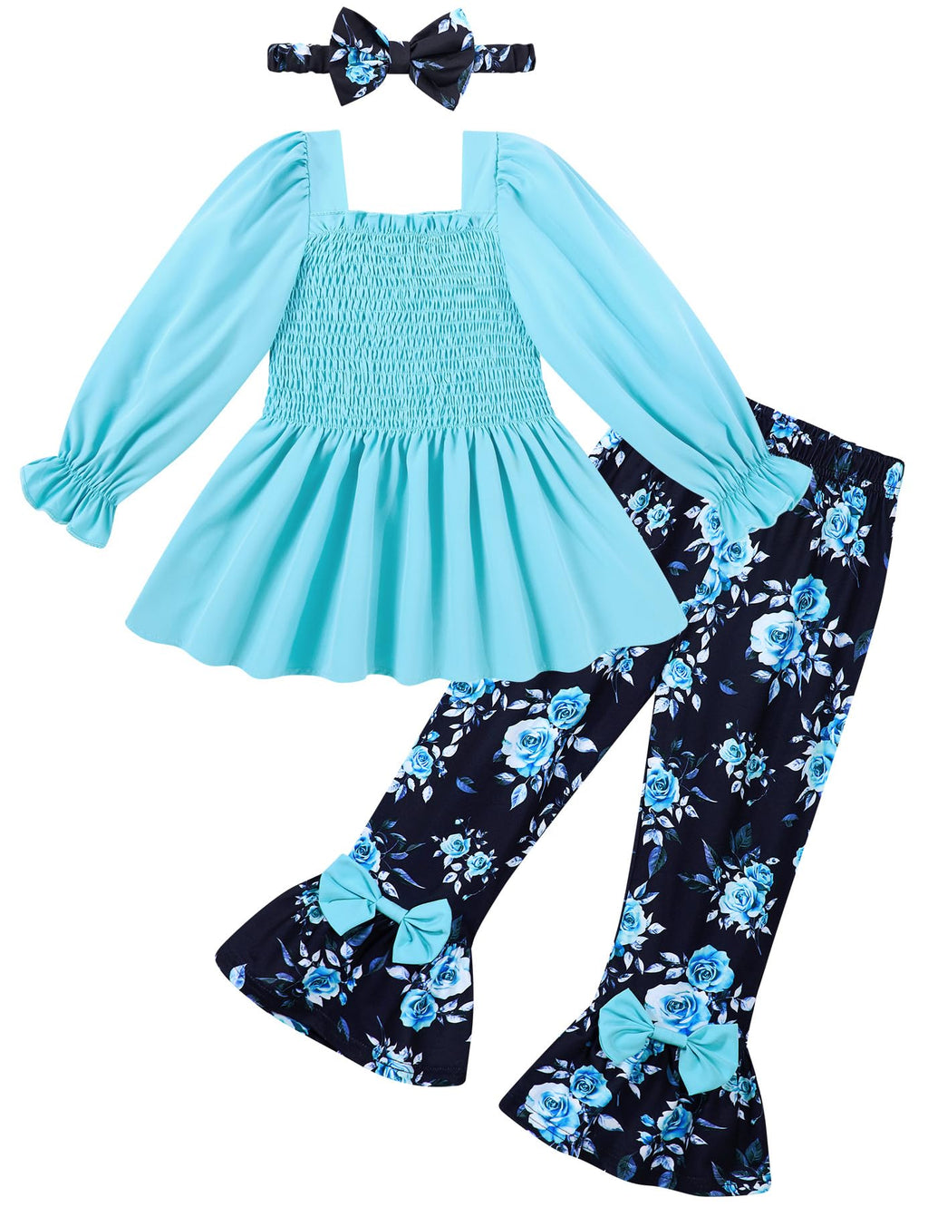 UNICOMIDEA Girls Clothes Set Shirt Top and Flare Pants with Bowknot 2-5T Kids 3 Piece Outfit For Girl