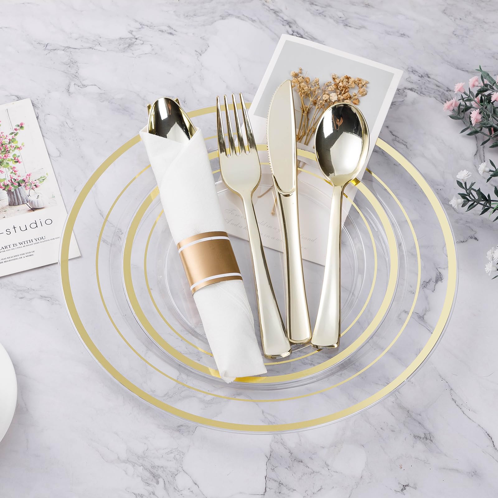 350PCS Gold Plastic Dinnerware Set, Disposable Party Plates for 50 Guests, Include: 100 Plastic Plates, 50 Pre Rolled Napkins with Gold Silverware, 50 Cups