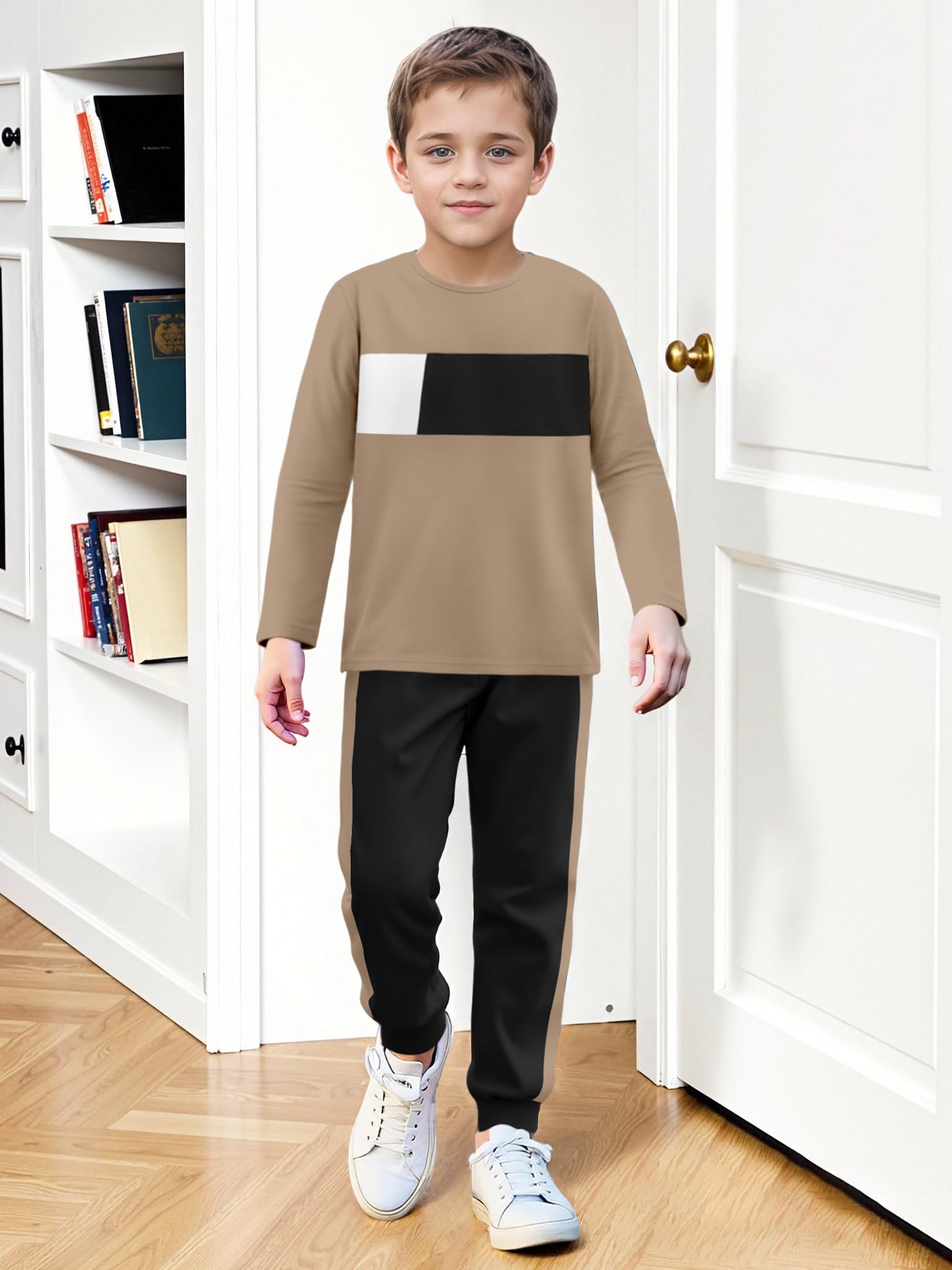 Boys Clothes Color Block Round Neck Long Sleeve Sweatshirt and Casual Pants 2Pcs Fall Outfits Clothes for Boys 6-14 Y