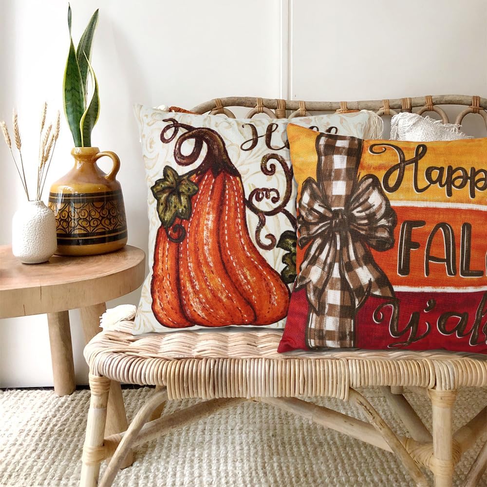 4pcs Fall Thanksgiving Pillow Covers 18x18in, Pumpkin Happy Fall Thankful Grateful Blessed Harvest Leaves Decorations Autumn Seasonal Throw Cushion Case for Farmhouse Home Sofa Couch