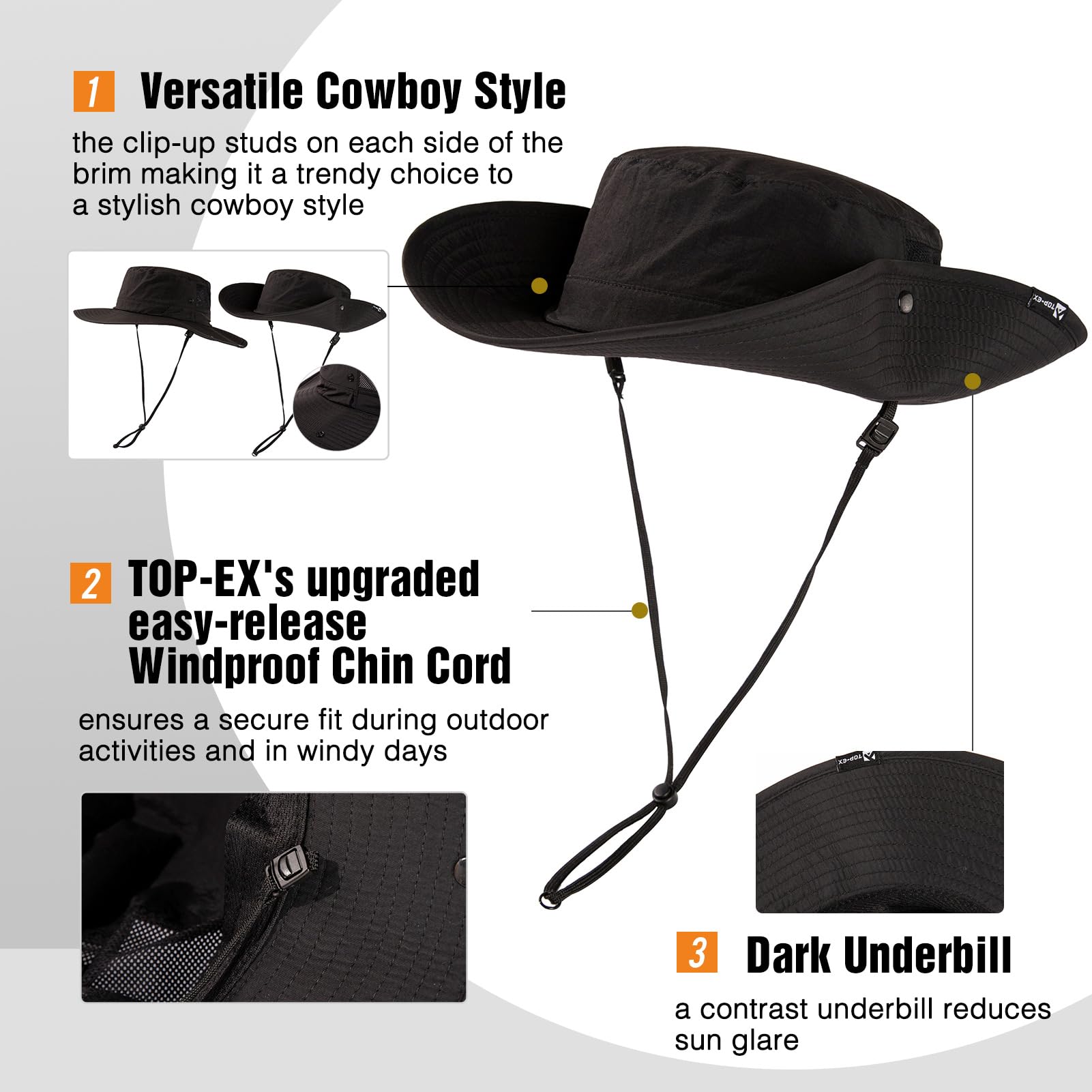 TOP-EX L/XL/XXL UV50+ Waterproof Wide Brim Bucket Sun Hat for Summer Fishing Hiking w/Detachable Strap & Vented Mesh