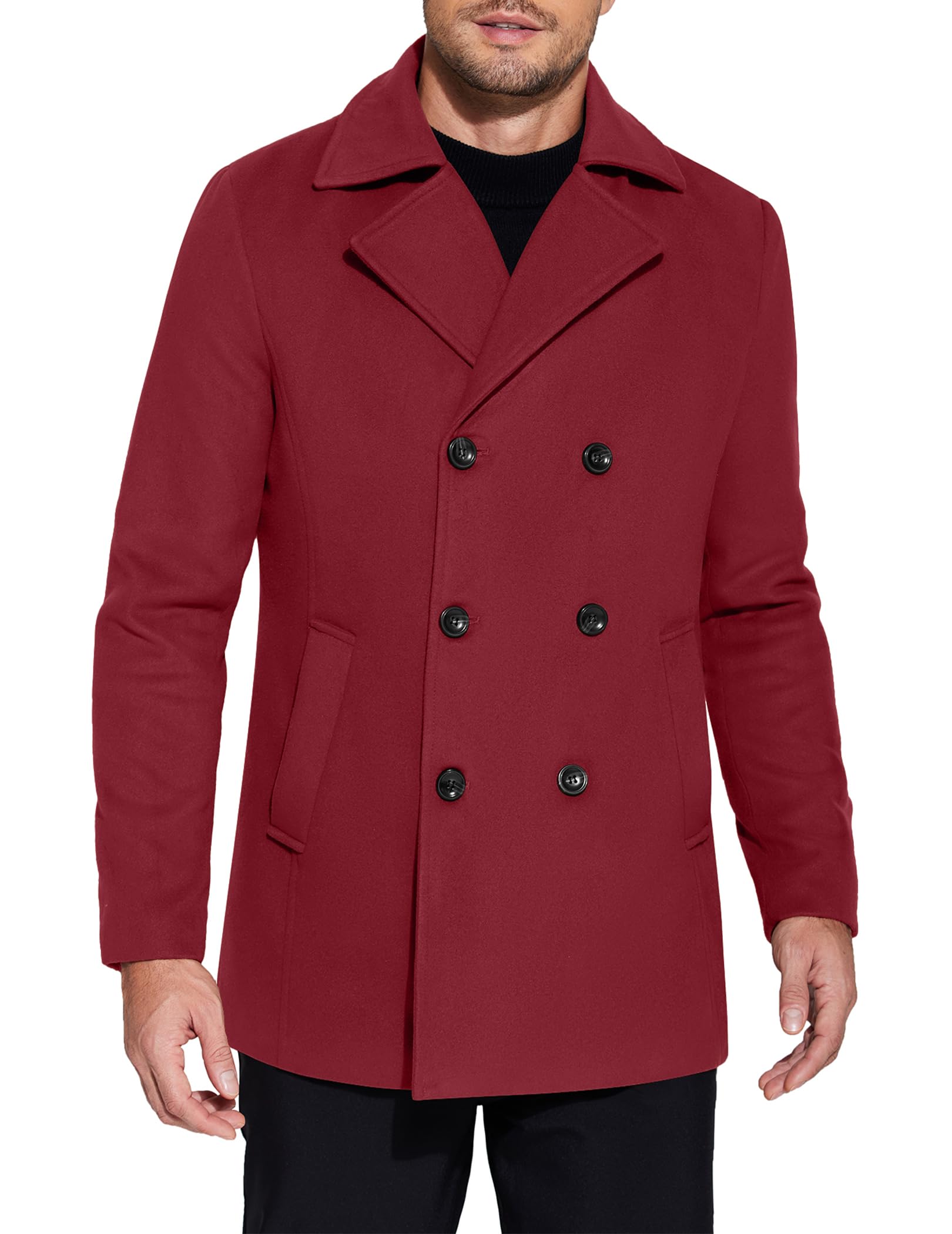 COOFANDY Men's Double Breasted Pea Coat Winter Overcoat Short Trench Coat Notched Collar