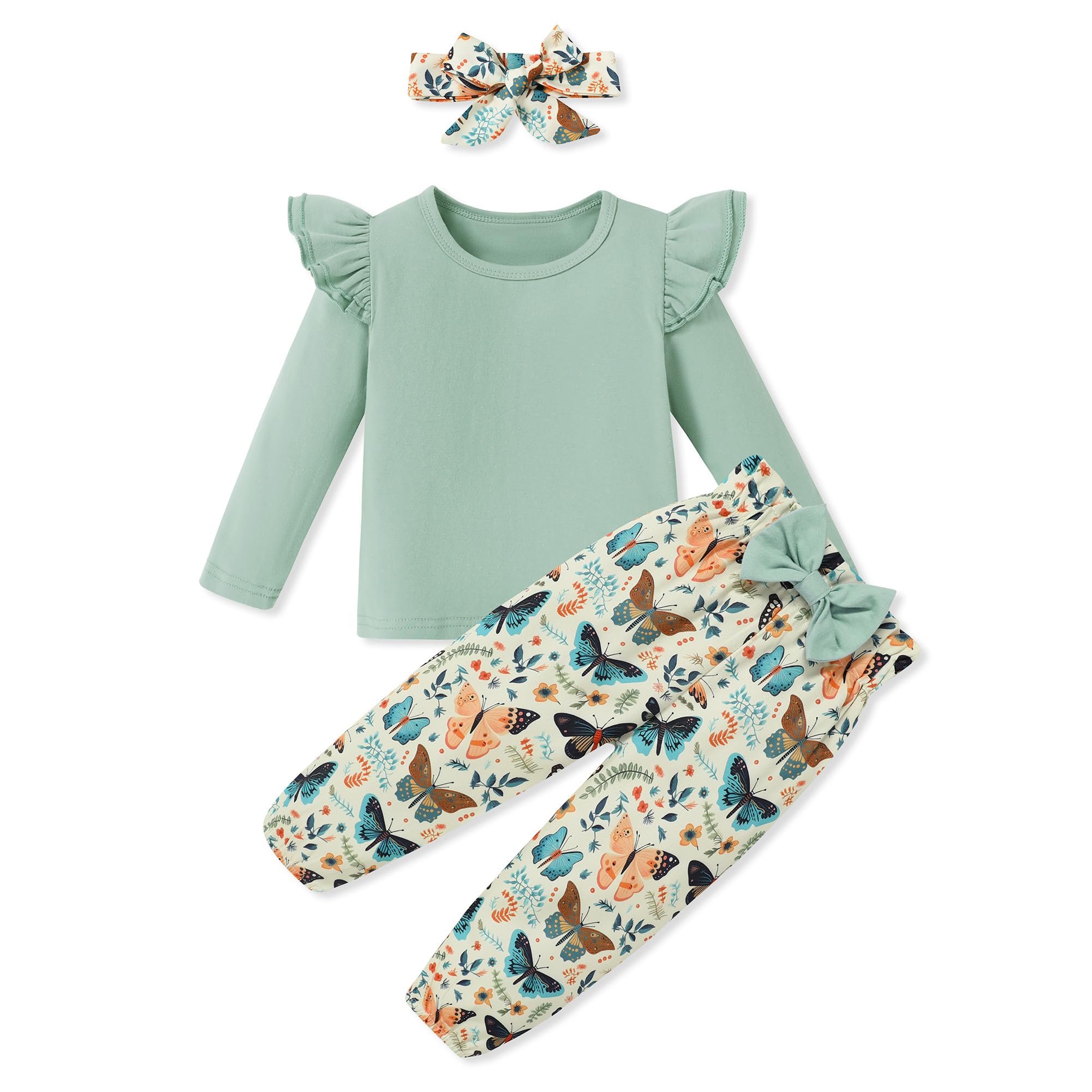 SANMIO Toddler Girl Clothes Outfits Cute Ruffle Sleeve Shirt Floral Pant+Headband 3Pcs Baby Girl Clothing Set 1-6T