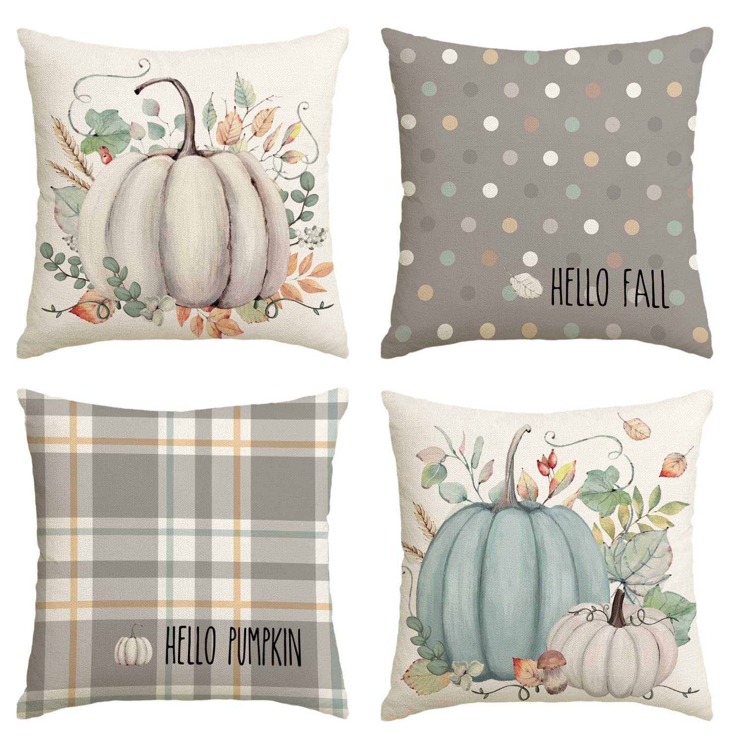 AVOIN colorlife Hello Fall Hello Pumpkin Throw Pillow Covers, 18 x 18 Inch Autumn Thanksgiving Harvest Orange Eucalyptus Decorations for Sofa Couch Set of 4