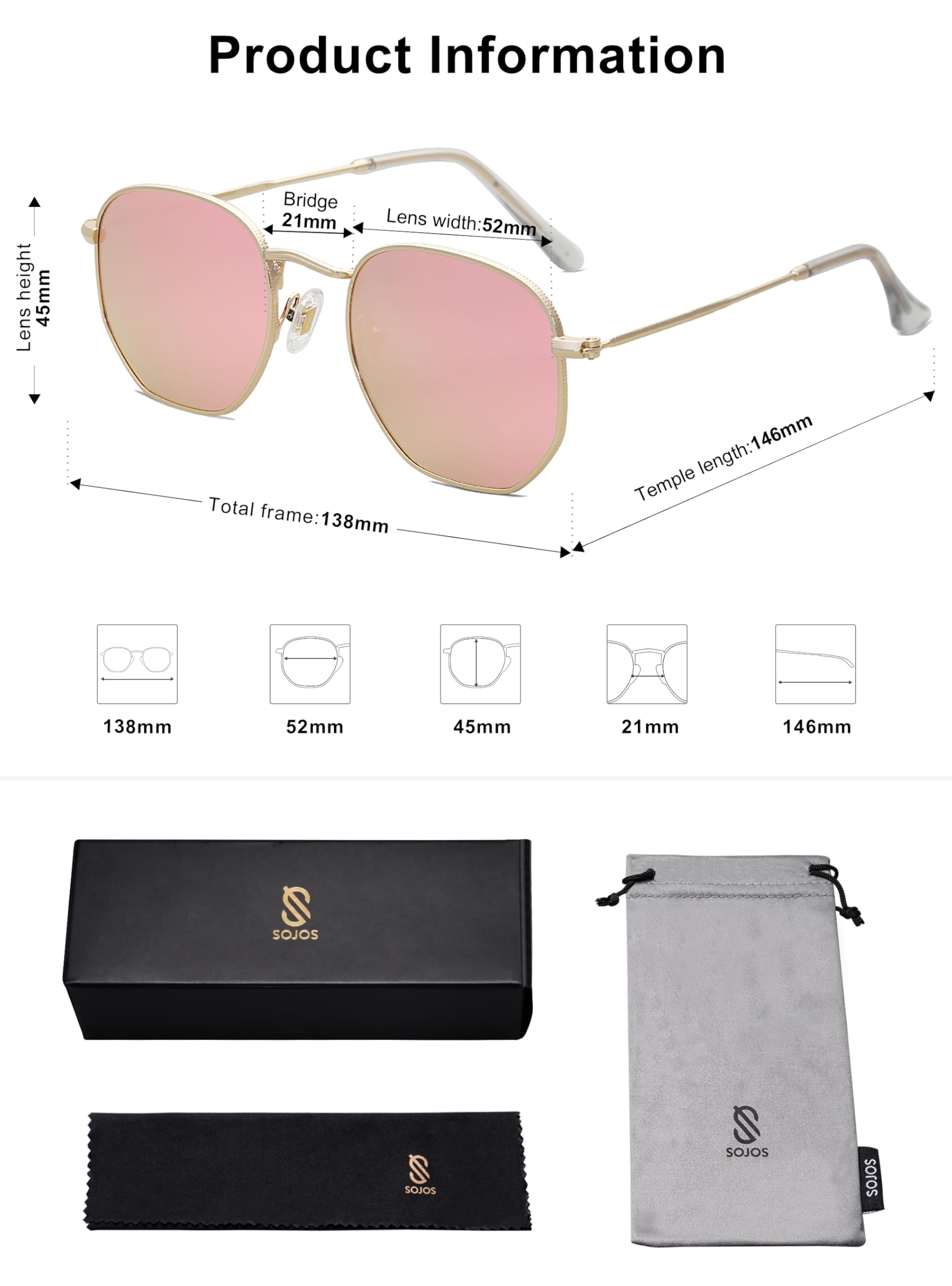 SOJOS Square Polarized Sunglasses for Women Men Small Hexagonal Polygon Shades SJ1072