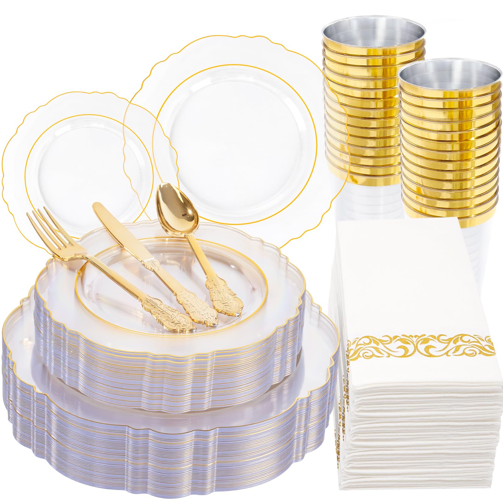 KIRE 150PCS Thanksgiving Plates Dinnerware Pumpkins - Plastic Thanksgiving Plates with Gold Silverware Include 25 for Dinner 25 for Salad 25Forks 25Knives 25Spoons 25Gold Cups