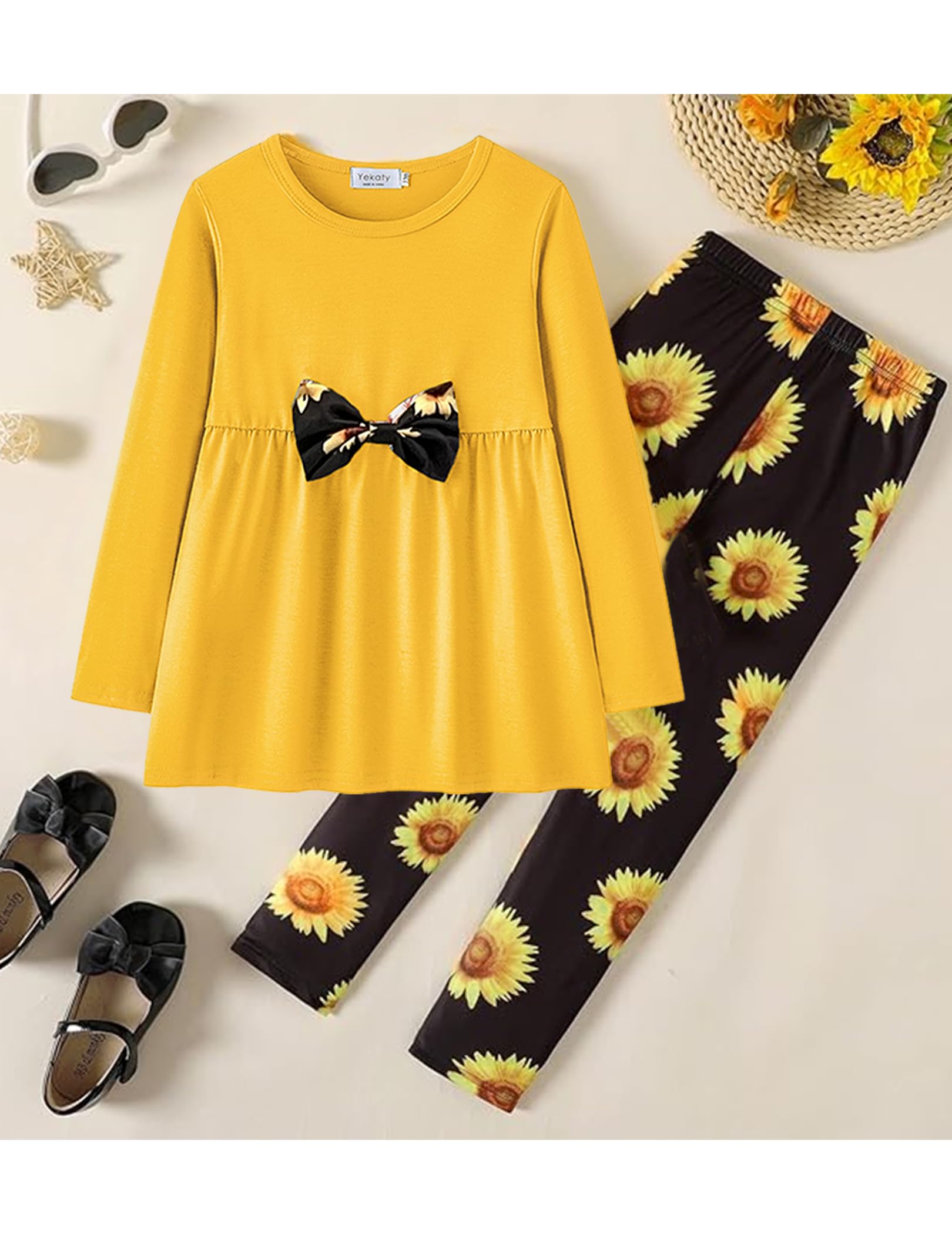Yekaty Girls Clothing Set 2 Pcs Floral Soft Crewneck Long Sleeve Top+Leggings Loose Outfits With Bowknot